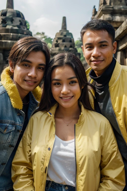 a girl wear yellow jacket, smile, takes a photo with 3 men wear jeans jackets, in borobudur temple, high res, ultrasharp, 8K, masterpiece