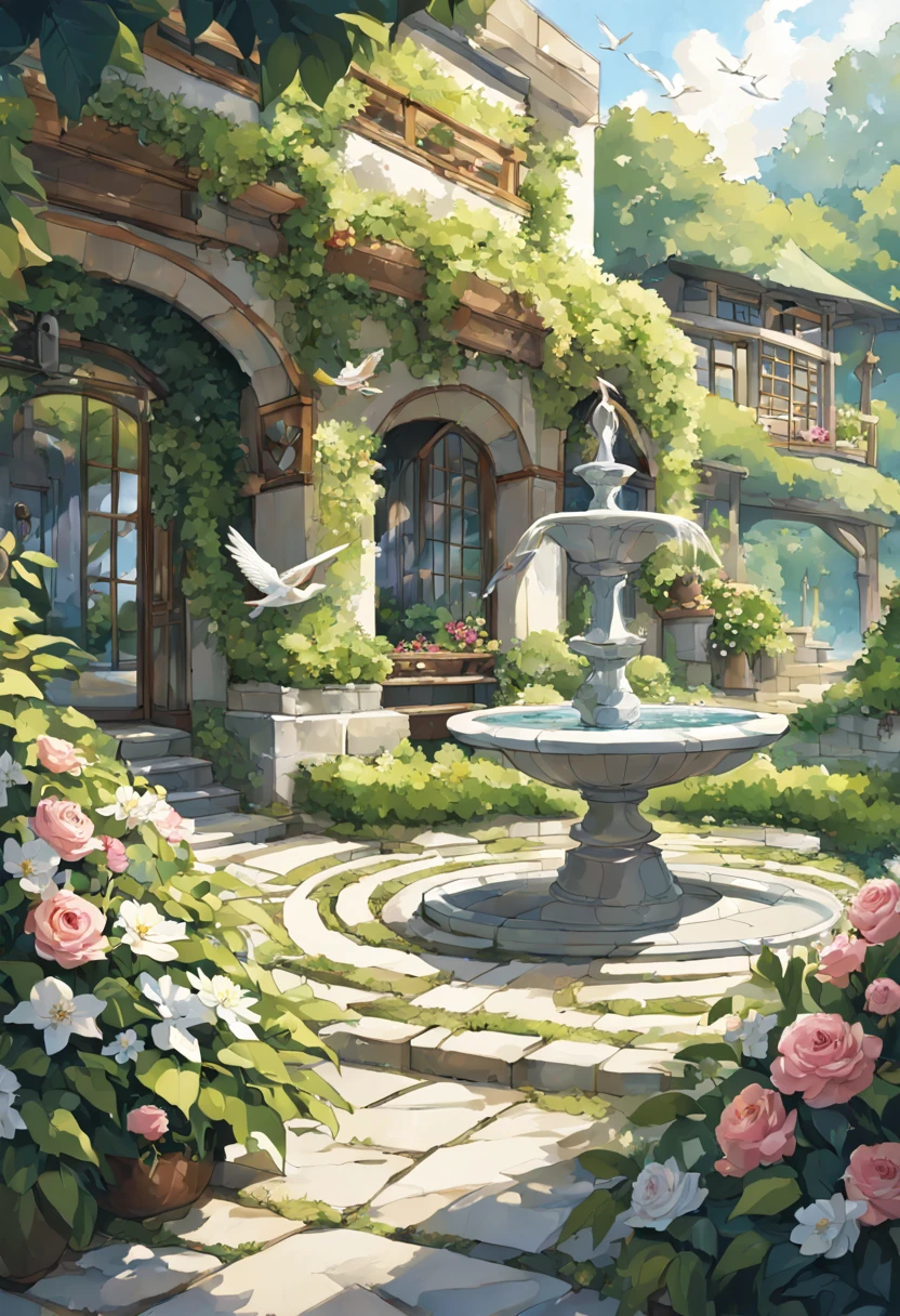 A serene garden resort, a labyrinth of greenery and blooms, stone pathways leading to hidden alcoves, the sound of a trickling fountain harmonizing with the chorus of birds, the air perfumed with the scent of jasmine and roses, a tableau of natural beauty and tranquility, inviting onlookers to step into a living painting of repose.