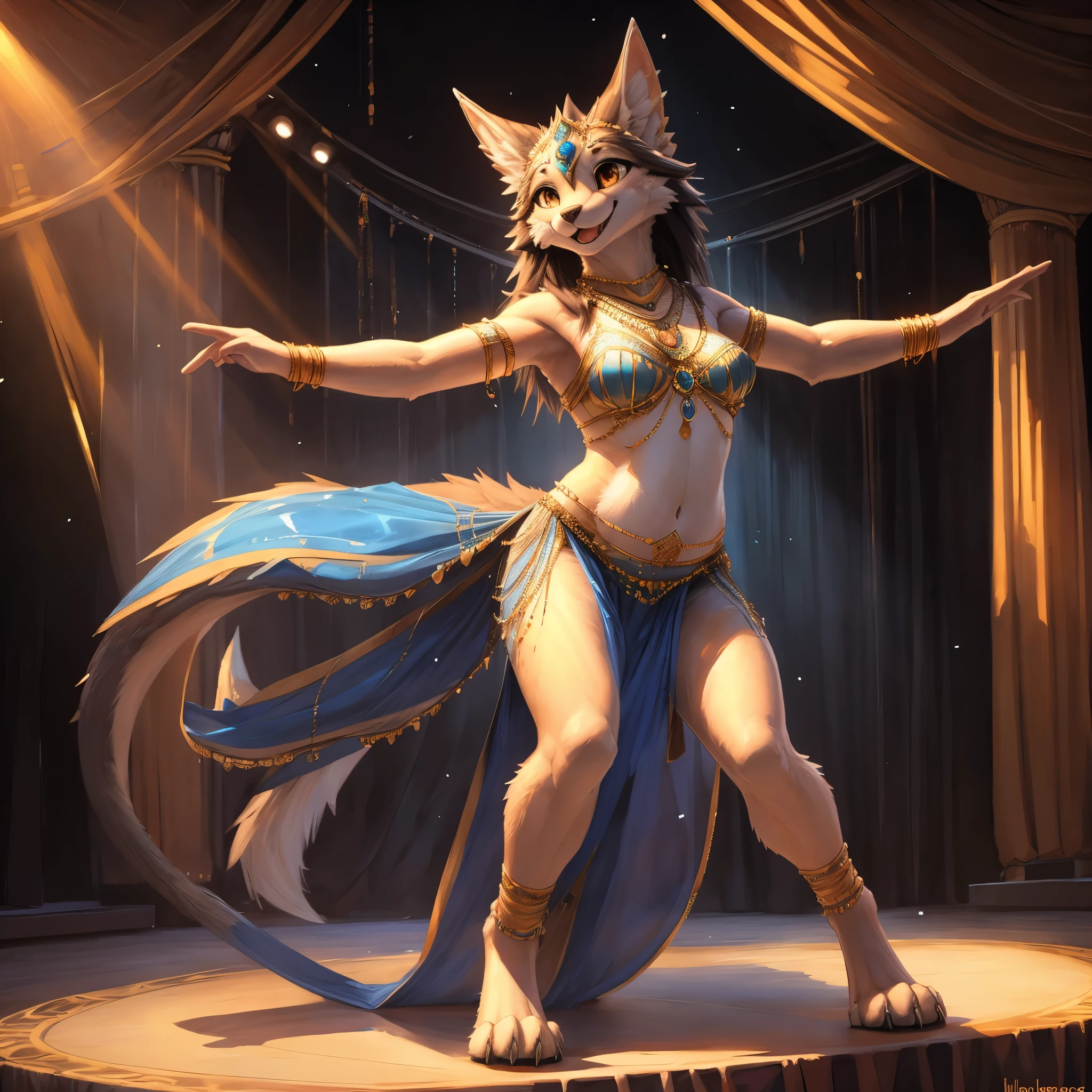 Uploaded to e621, Pixelsketcher, wamudraws, masterpiece, solo portrait, 1girl, full body, raw photo, furry, anthro, detailed fur, raytracing, detailed shading, beautiful art, Belly dancer, Raqs Sharqi, stage, Spotlight, Happy, joyful, perfect anatomy(kemono, furry anthro),