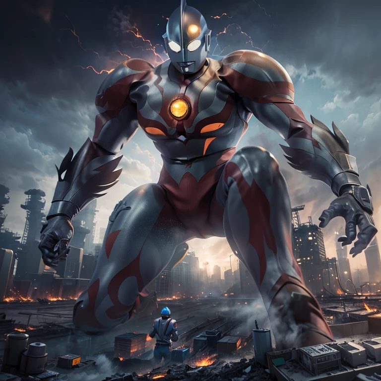 gigantic ultraman,repairing,fixing,oil refinery plants,tanks,heavy machinery,metallic armor,glowing eyes,detailed mechanical parts,smoke and sparks,blazing flames,high-tech equipment,reflective surfaces,massive strength,protective helmet,battle-ready pose,powerful robotic limbs,precision engineering,industrial backdrop,city skyline in the background,brightly lit at night,explosions,urgent mission,maintaining safety,resilient construction,energy beams,concentrated focus,dangerous environment,powerful force,mechanical noises,thick plumes of smoke,desperate situation,loud rumbling,drone-like assistants,flashing warning lights,reflection on the metallic surface,imposing presence,busy workers,intricate details,majestic stature,impressive scale,scaled-up version,invaluable assistance,engineering expertise,intense heat,hazardous conditions,heroic effort,unwavering determination,dark silhouette,smoke-filled air,massive impact,urgent repair work,burst pipes and leaks,masterpiece:1.2,ultra-detailed,photorealistic,portrait style,vivid colors,nighttime cityscape lighting,industrial color palette