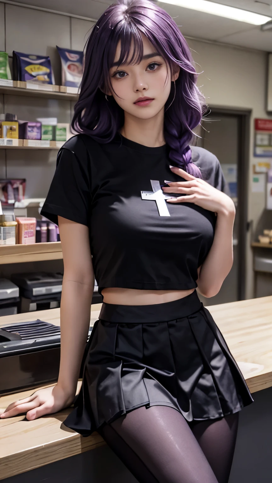 18 year old girl，Sit at a desk at a convenience store，blur background，Perfect body，(((Hand lift the skirt，black，i can see)))，((cross eyes，charming))，short tshirt，Thin abdomen，（Pink leggings），purple hair，Purple hair big breasts，long hair，thick braid、purple eyes