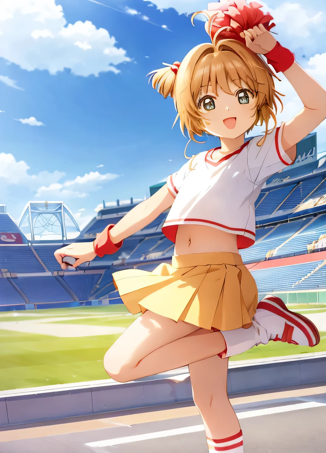 masterpiece, high quality, 1 girl,Kinomoto Sakura, two side up cheerleader, alone, belly button, skirt, abdomen, smile, open your mouth, socks, striped, brown hair, , crop top, raise your feet,stadium, blue sky,wheel, Handstand