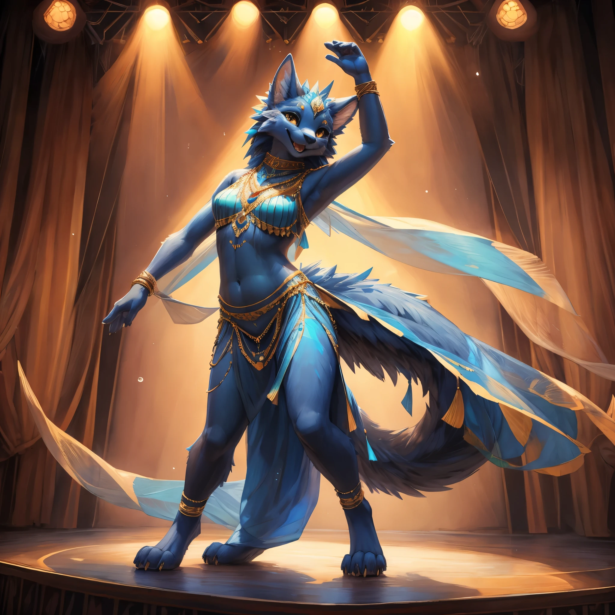 Uploaded to e621, Pixelsketcher, wamudraws, masterpiece, solo portrait, 1girl, full body, raw photo, furry, anthro, detailed fur, raytracing, detailed shading, beautiful art, Belly dancer, Raqs Sharqi, stage, Spotlight, Happy, joyful, perfect anatomy(kemono, furry anthro),