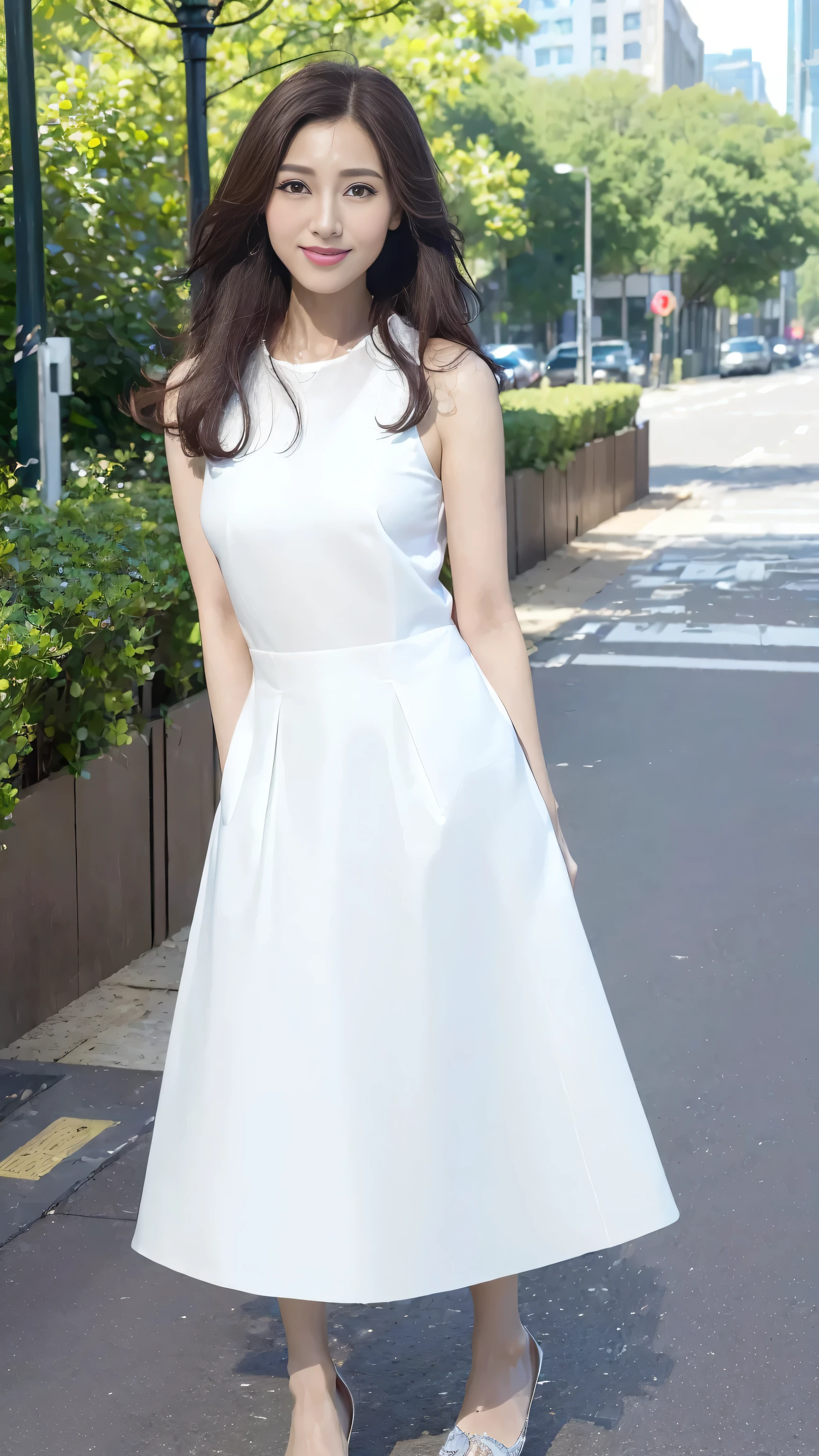 ((top quality、8k、Masterpiece:1.3))、1 girl in、a smile、Full body female love、face slimming、beautiful woman、(dark brown hair)、Sunlight、White long skirt:1.1、Super detailed face、exquisite eyes、double eyelids、blurred background、face slimming、New York Manhattan、take out、a street、