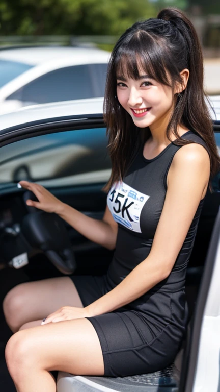 Highly detailed CG Unity 8K wallpaper, highest quality, Super detailed, masterpiece, realistic, photo realistic, Highly detailed cute girl, 25 years old, (whole bodyからつま先まで:1.2、(whole body)、(whole body to toes)、(shot from the side:1.2)、(sitting on the hood of a car)、(lace queen)、(sexy pose),(model pose)、(big breasts)、(big ass)、(smile at the camera)、( Smile while looking at the camera ),(whole bodyショット:1.2) ,(Side view:1.2)、(side shot:1.2)、(ponytail)、(photorealistic:1.3)、(Sponsored and wearing grid girl costume'logo is printed.:1.3), (shorts) , (sitting in a motorsport race), (Tamiya)、(SoftBank)、(Looking at me and smiling)、