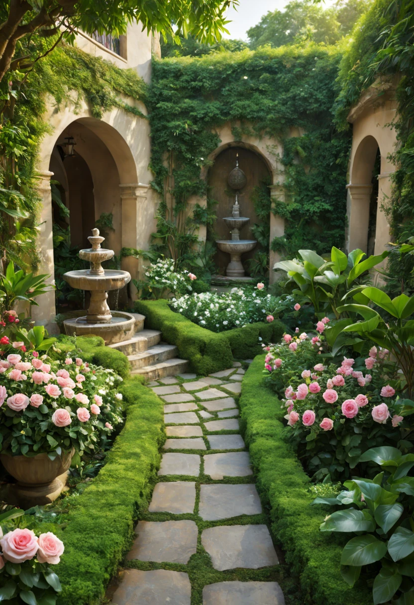A serene garden resort, a labyrinth of greenery and blooms, stone pathways leading to hidden alcoves, the sound of a trickling fountain harmonizing with the chorus of birds, the air perfumed with the scent of jasmine and roses, a tableau of natural beauty and tranquility, inviting onlookers to step into a living painting of repose.