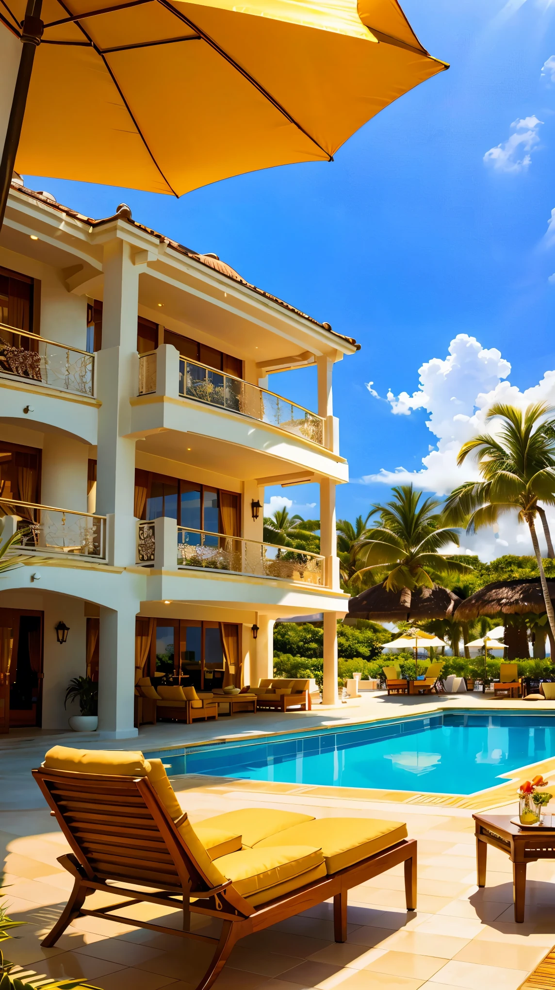 (highest quality, 4K, 8K, High resolution, masterpiece:1.2), super detailed, (realistic, photorealistic, photo-realistic:1.37), Luxury resort hotel scenery, highly detailed landscape, Nice views, clear water, Golden sandy beaches, and palm trees swaying in the gentle breeze, sparkling swimming pool, Exquisite architectural design with modern and elegant buildings, Guests enjoying sunbathing and swimming, Relaxing lounge area with comfortable sofas and umbrellas, Impeccable service, Delicious cocktails served at the pool bar, Fine dining restaurant with panoramic sea views, Calm and quiet atmosphere, romantic, Soft and warm lighting that illuminates the surroundings, rich and vibrant colors, Luxury and sophistication,