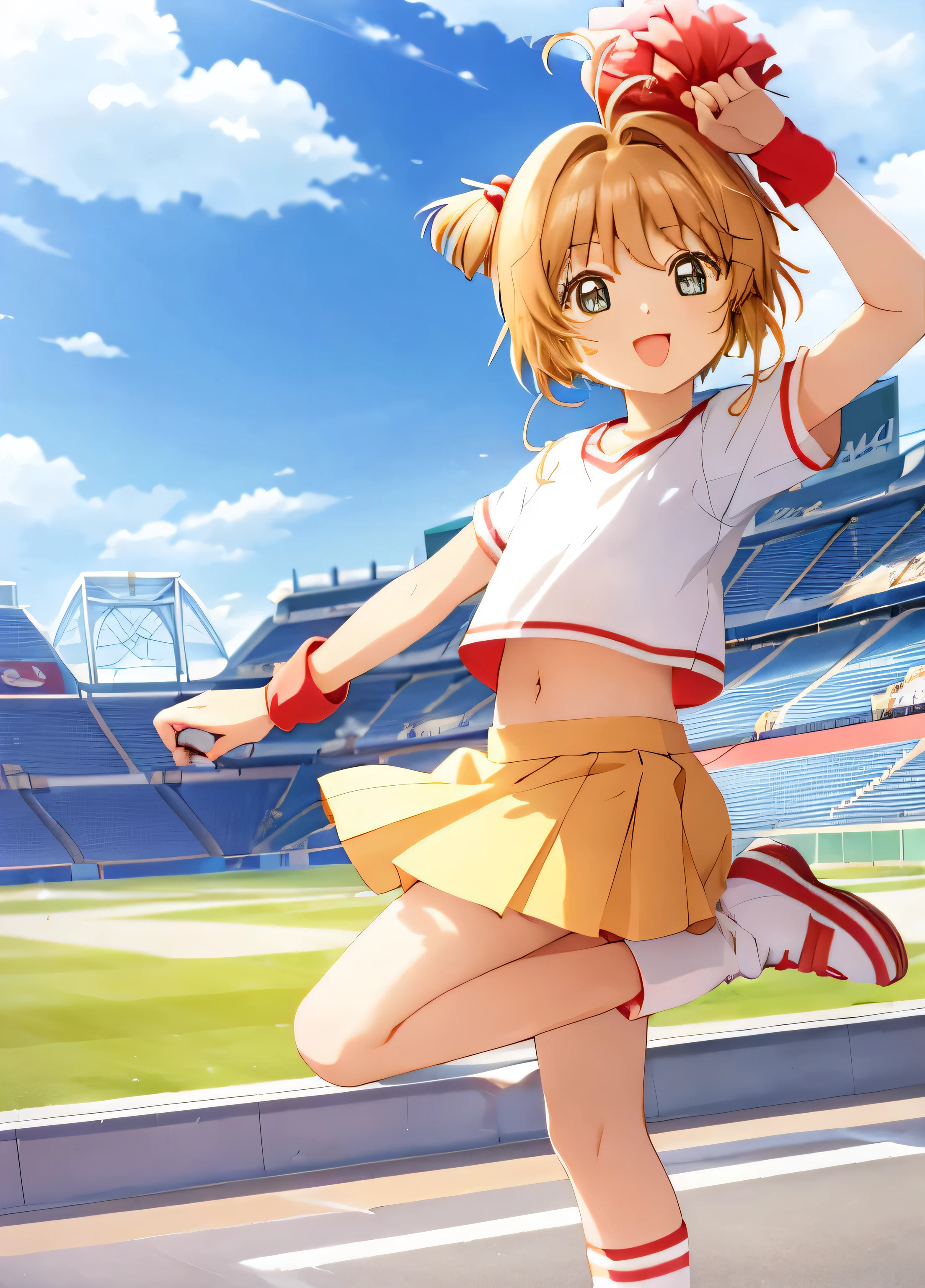 masterpiece, high quality, 1 girl,Kinomoto Sakura, Two side up cheerleader, alone, belly button, skirt, abdomen, smile, open your mouth, socks, striped, brown hair, , crop top, raise your legs,stadium, blue sky,wheel, Handstand