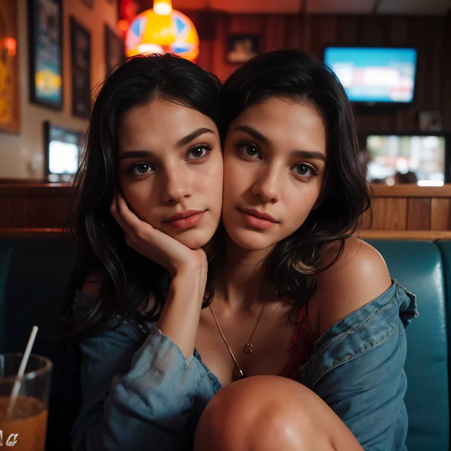 best resolution, (two_heads:1.2), scandinavian girl with two heads, 21 years old, youthful, wearing a wearing a two piece dress, sitting at a restaurant table, staring at viewer