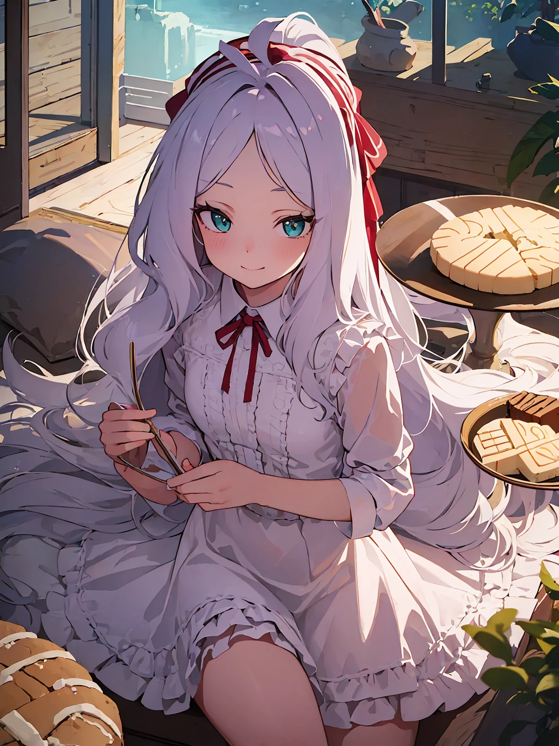 (masterpiece:1.3), (best quality:1.3), high resolution, 


Upper body, 
lean forward, The body faces forward, 

(a cute girl:1.3), alone, 
White skin, small breasts, eight-headed person, 
Light hair, long hair, red ribbon, fluffy hair, beautiful hair, green eyes, Beautiful and delicate eyes, 

Grinning, 

frilly dress, pink dress, (shortbread:1.3), 

outdoor, Inside the castle, luxury room, 

shaded lighting,