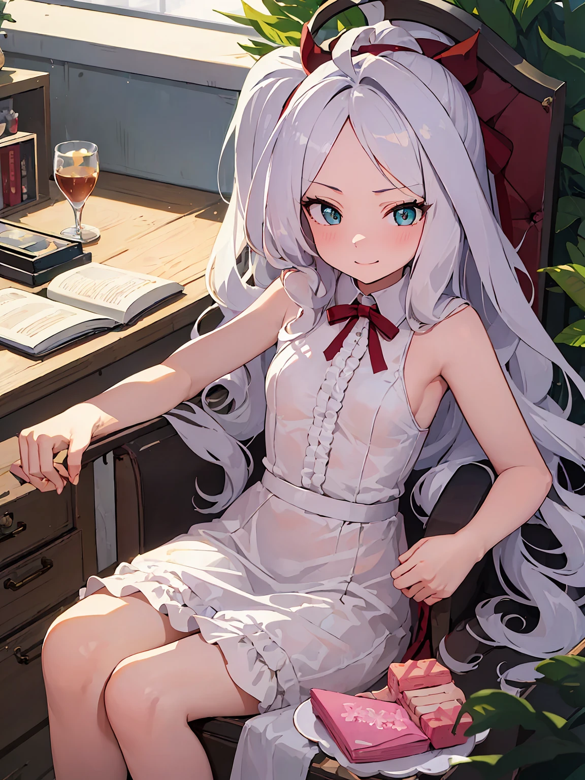 (masterpiece:1.3), (best quality:1.3), high resolution, 


Upper body, 
lean forward, The body faces forward, 

(a cute girl:1.3), alone, 
White skin, small breasts, eight-headed person, 
Light hair, long hair, red ribbon, fluffy hair, beautiful hair, green eyes, Beautiful and delicate eyes, 

Grinning, 

frilly dress, pink dress, (shortbread:1.3), 

outdoor, Inside the castle, luxury room, 

shaded lighting,