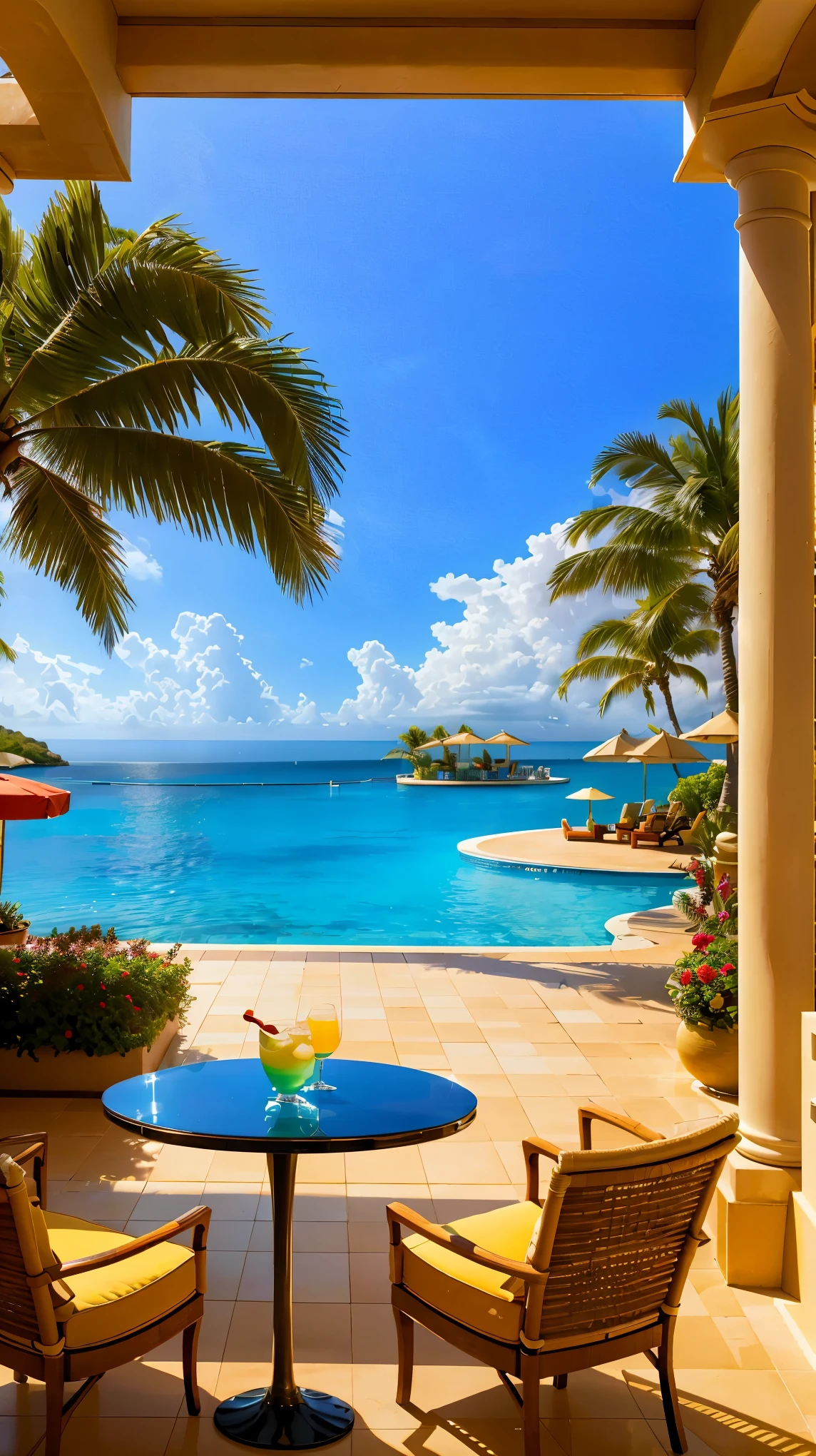 (highest quality, 4K, 8K, High resolution, masterpiece:1.2), super detailed, (realistic, photorealistic, photo-realistic:1.37), Luxury resort hotel scenery, highly detailed landscape, Nice views, clear water, Golden sandy beaches, and palm trees swaying in the gentle breeze, sparkling swimming pool, Exquisite architectural design with modern and elegant buildings, Guests enjoying sunbathing and swimming, Relaxing lounge area with comfortable sofas and umbrellas, Impeccable service, Delicious cocktails served at the pool bar, Fine dining restaurant with panoramic sea views, Calm and quiet atmosphere, romantic, Soft and warm lighting that illuminates the surroundings, rich and vibrant colors, Luxury and sophistication,