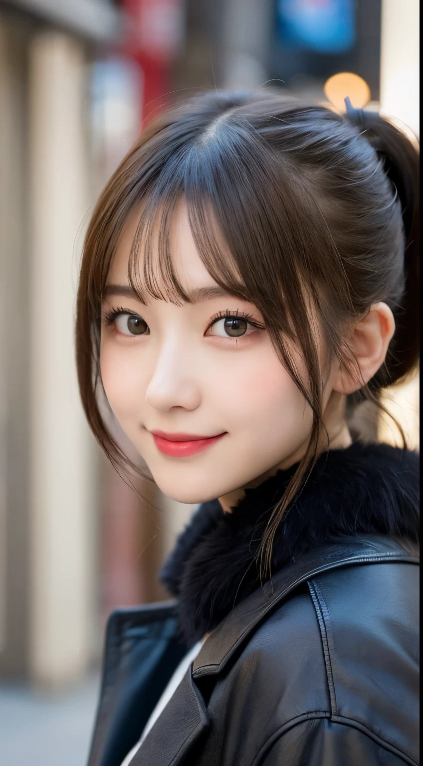 table top, highest quality, shape, Super detailed, finely, High resolution, 8k wallpaper, 完璧なダイナミックな構shape, beautiful and detailed eyes, tokyo trend冬ファッション,tokyo trend＆Introducing cute hairstyles at random, small breasts, natural color lip, random sexy pose,cute smile,big city、20 year old girl、beautiful and detailed face、perfect and beautiful face,Big eyes、Wear fluffy black outerwear with fur、beautiful detailed face、perfect and beautiful double eyelids、Blur background、perfect and beautiful face、bright look、Twin ponytail hairstyle