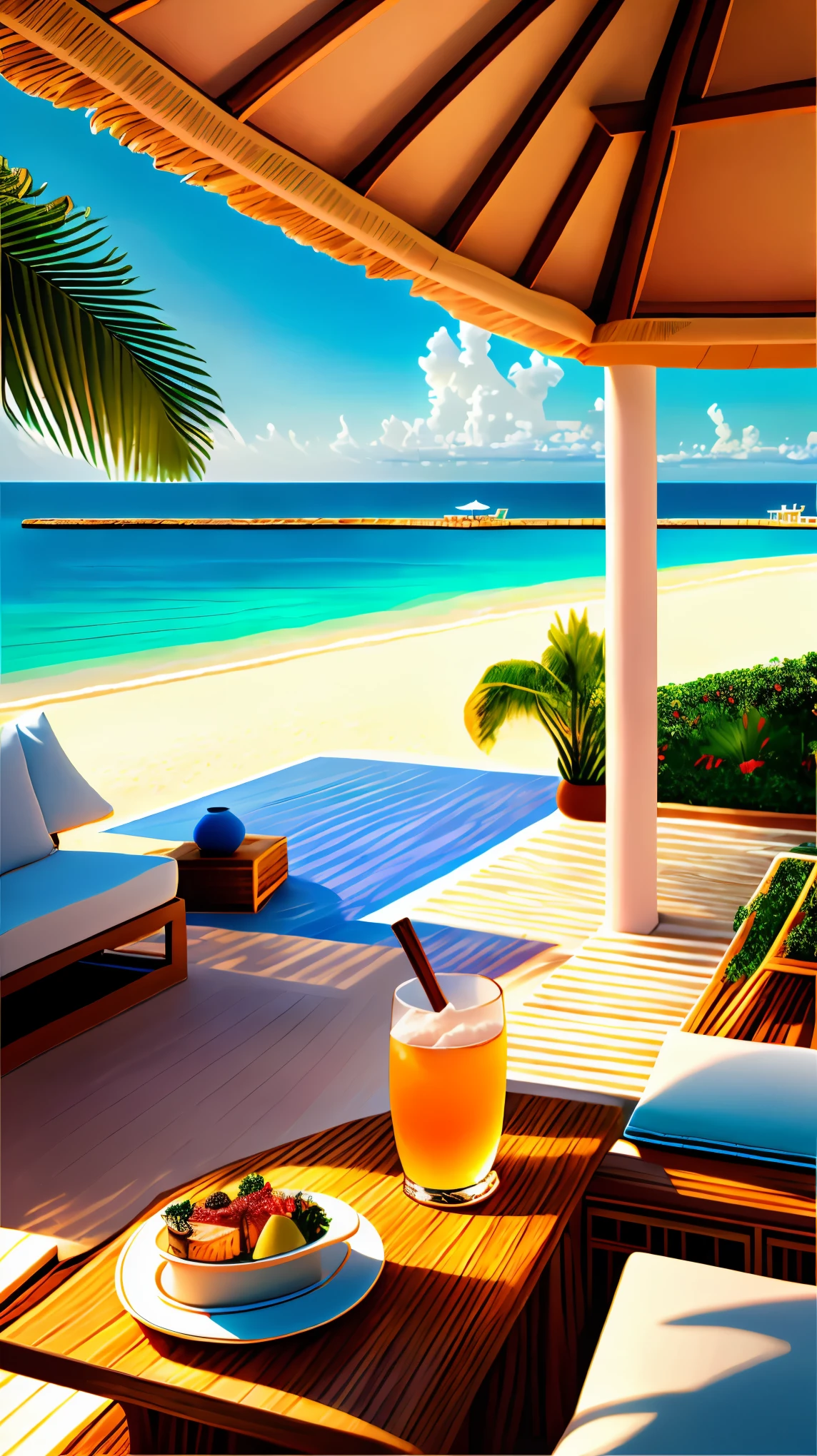 (highest quality, 4K, 8K, High resolution, masterpiece:1.2), super detailed, (realistic, photorealistic, photo-realistic:1.37), Luxury resort hotel scenery, highly detailed landscape, Nice views, clear water, Golden sandy beaches, and palm trees swaying in the gentle breeze, sparkling swimming pool, Exquisite architectural design with modern and elegant buildings, Guests enjoying sunbathing and swimming, Relaxing lounge area with comfortable sofas and umbrellas, Impeccable service, Delicious cocktails served at the pool bar, Fine dining restaurant with panoramic sea views, Calm and quiet atmosphere, romantic, Soft and warm lighting that illuminates the surroundings, rich and vibrant colors, Luxury and sophistication,