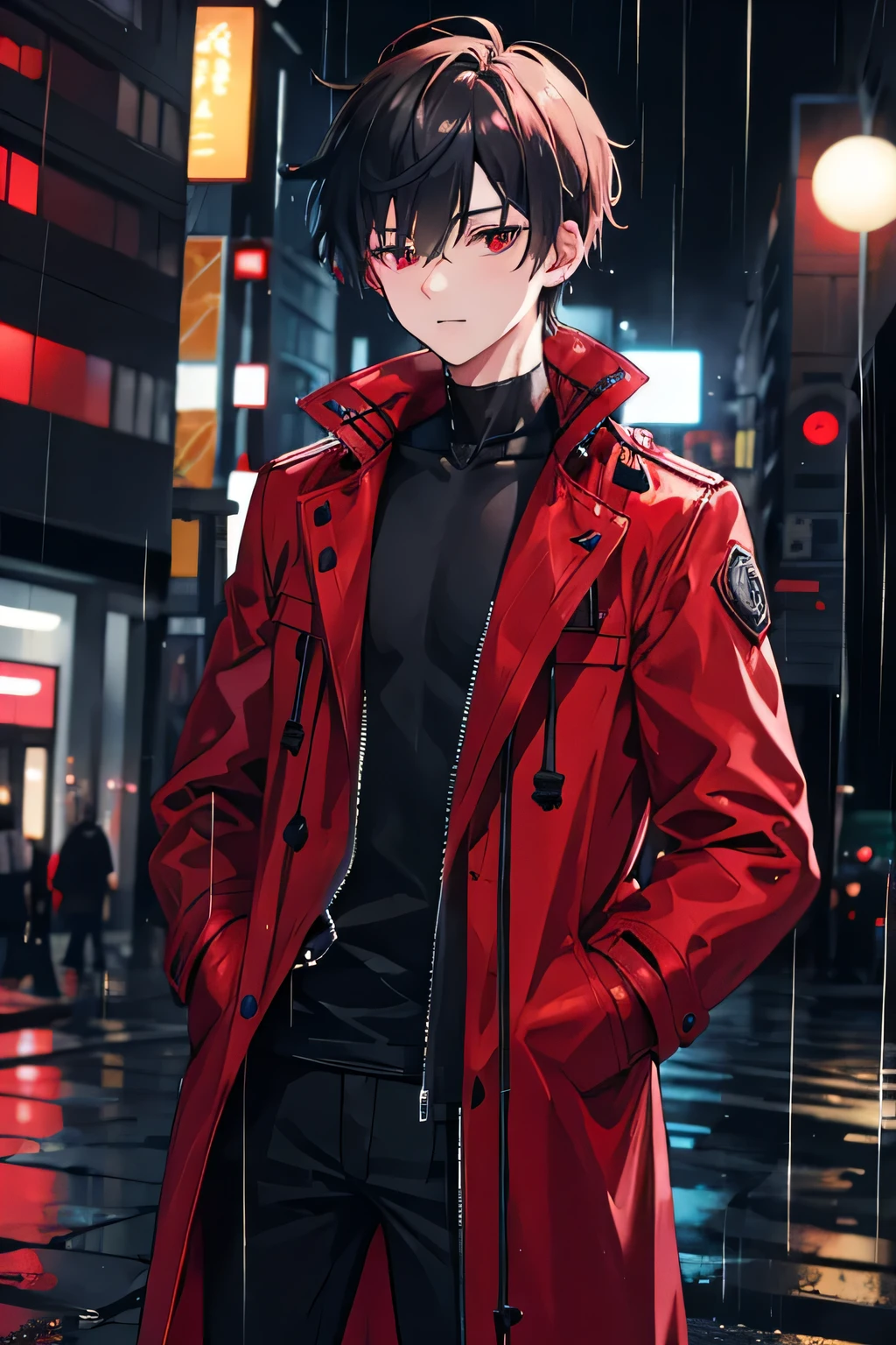 1boy,night city,rain,coat,hands in pockets,dark red jacket