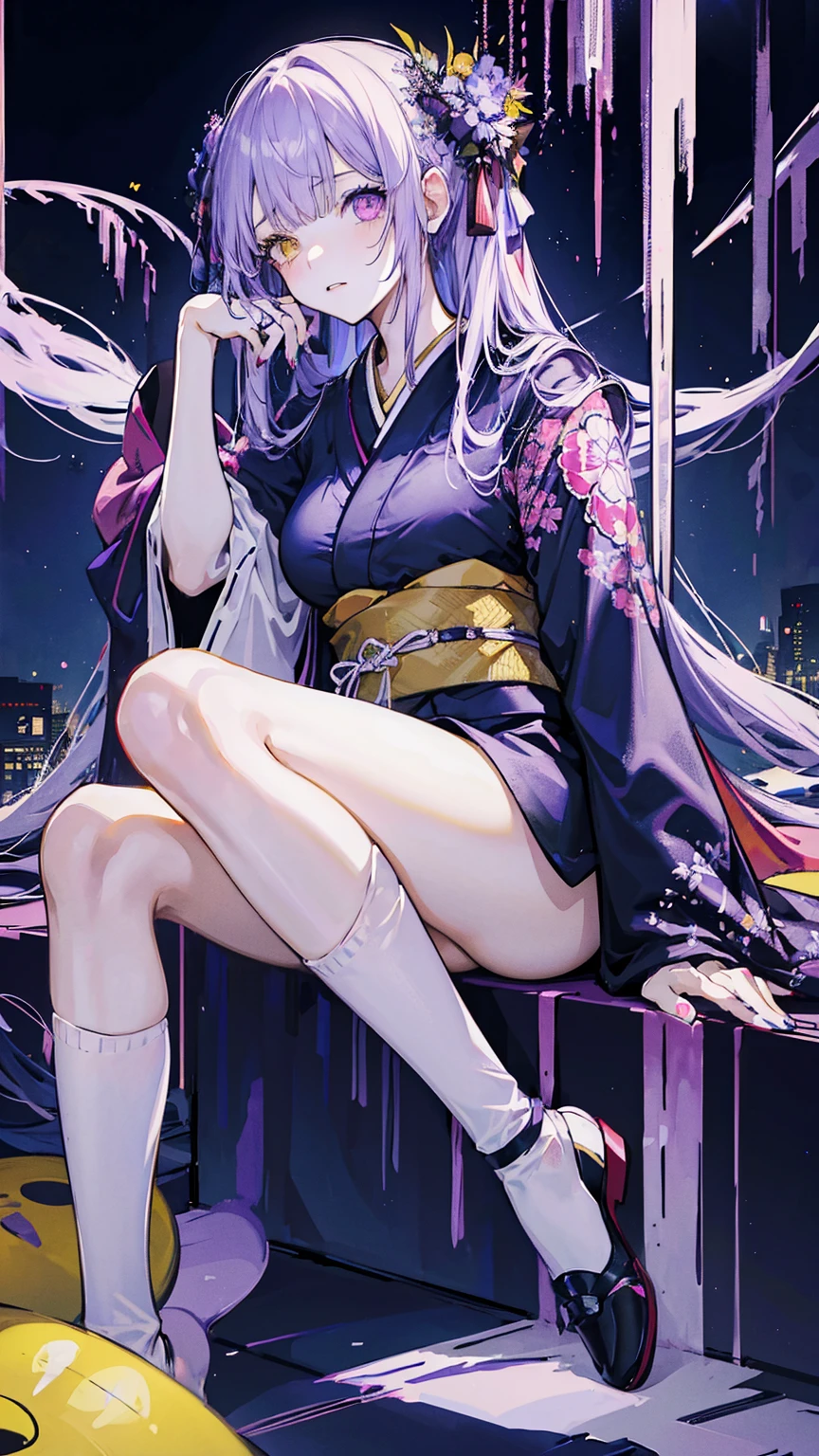1girl,solo,female photo,Sitting on the floor,nail polish,(heterochromia,purple eye,yellow eye),big breasts,beautiful face, navy long hair,knee high socks,Japanese kimono,mysterious mood,in the Japanese room,best quality, high quality, masterpiece, HD,4K,8K