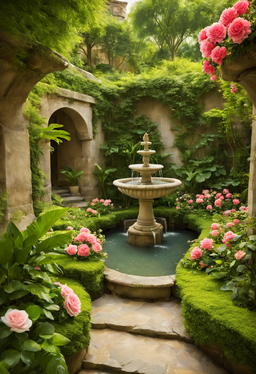 A serene garden resort, a labyrinth of greenery and blooms, stone pathways leading to hidden alcoves, the sound of a trickling fountain harmonizing with the chorus of birds, the air perfumed with the scent of jasmine and roses, a tableau of natural beauty and tranquility, inviting onlookers to step into a living painting of repose.