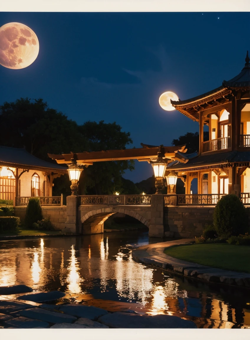 A beautiful dress in a wide area outside the place. There&#39;s a full moon. 