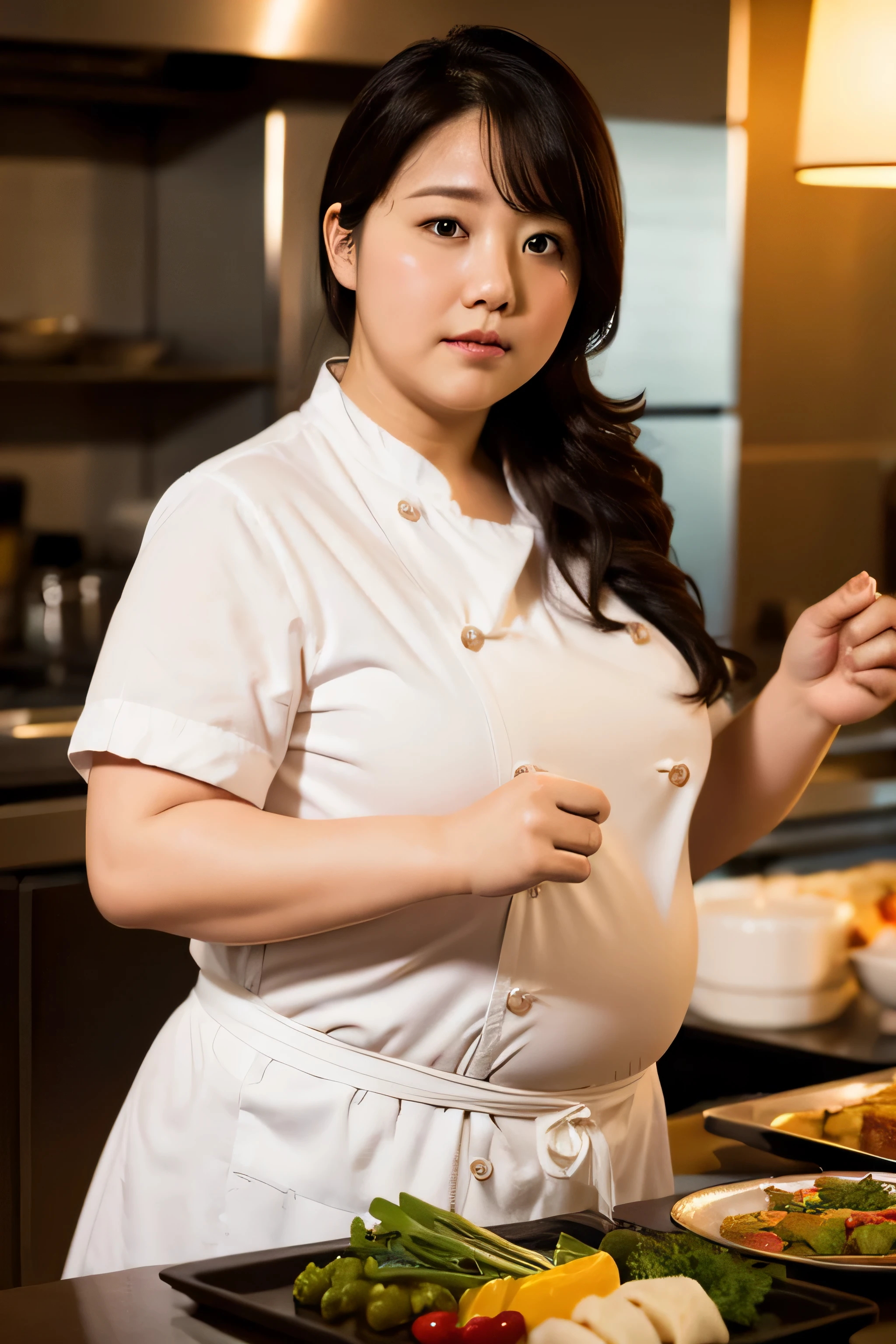 1 female, Overweight, chef, Very fat, Chubby, Japanese, 4K, High resolution, masterpiece, Highest quality, Fine skin, Sharp focus, (Cinema Lighting)