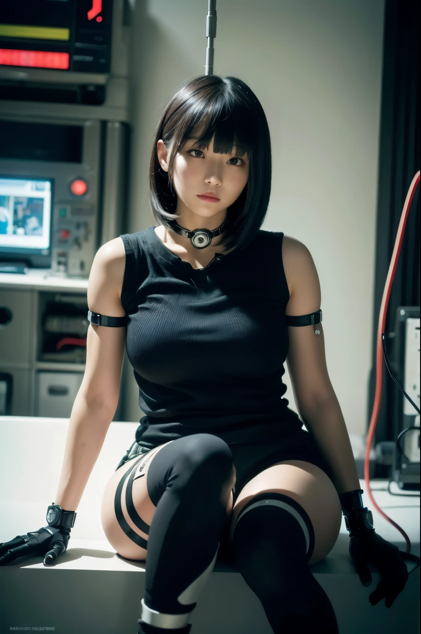 masterpiece, best quality, extremely detailed, Japaese Cyborg girl,Plump , control panels,android,Droid,Mechanical Hand, Robot arms and legs, Black hair,Blunt bangs,perfect robot girl,long tube,thick cable connected her neck,android,robot,humanoid,cyborg,japanese android woman ,future laboratory,connecting a cable between the legs,shortpants,darkblack knee high socks,