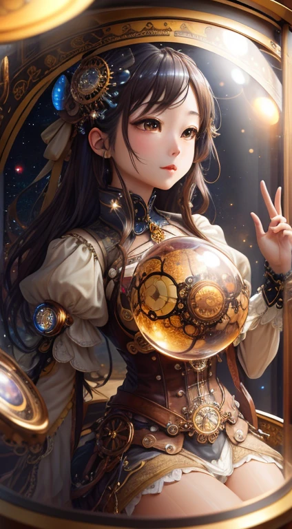 masterpiece。highest quality。Len。Excessive detail。Steampunk AI。Multiple galaxies are trapped inside a glass sphere placed on a table..。