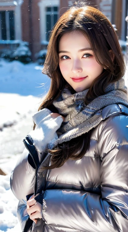 (highest quality,masterpiece:1.3,ultra high resolution),(Super detailed,caustics,8k),(photorealistic:1.4,RAW shooting),A silver world all around,snowfield,Diamond dust,Snow sparkling as it reflects the light,18 years old,cute,natural brown medium hair,A big smile,stare at the camera,Scarf,big ,Down jacket,shot from the waist up,Natural light,professional writing