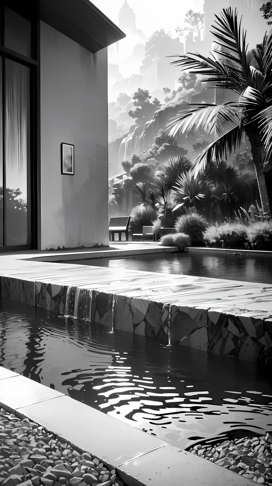 (highest quality,4K,8K,High resolution,masterpiece:1.2), super detailed, (realistic, photorealistic, photo-realistic:1.37), Luxury resort hotel scenery,minimalistic, ink, Black and white art, soft lighting, Subtle Colour.