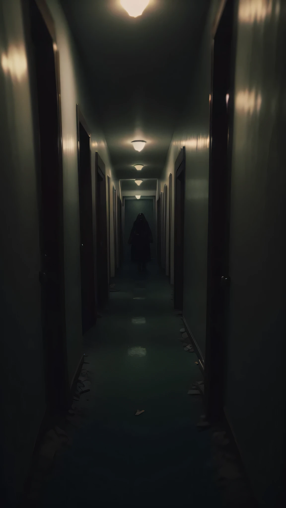 couloir, dark light ambiance, main sur la porte, effrayant