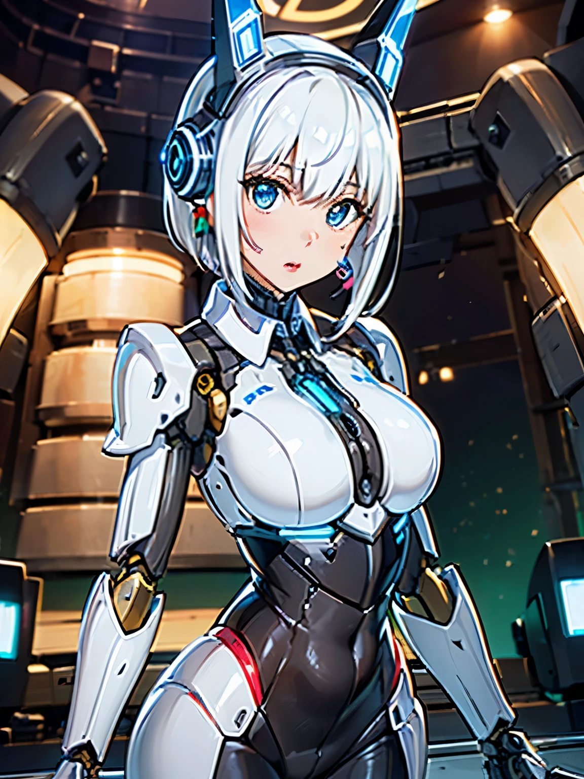 ((((alone:1.6))))、未来的な白い光沢のある重装甲robot suitを着た女の子が写真を撮る、perfect android girl, Gynoid cyborg heavily armored body, perfect anime cyborg woman, beautiful female android!, female robot, fully robotized girl, cute cyborg girl, robot suit, Girl wearing mechanical cyber armor, cyber suit, beutiful white girl cyborg, beautiful female android, beautiful girl cyborg、cute cyborg girl with short bob hair、Gravure Model Android Beautiful Girl、(laughter)、((Rounded white massive chest armor:1.8))、(((Mechanical headgear in both ears:1.6)))、(((robot girl)))、(((Beautiful Girls Android)))、(((Face waiting for kiss:1.6)))