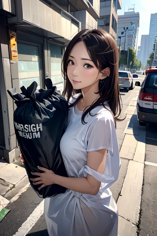 (8K), (best quality), (muste piece: 1.2)　morning、((carrying a big garbage bag))、Sexy married woman going to throw away trash、(chase garbage truck)