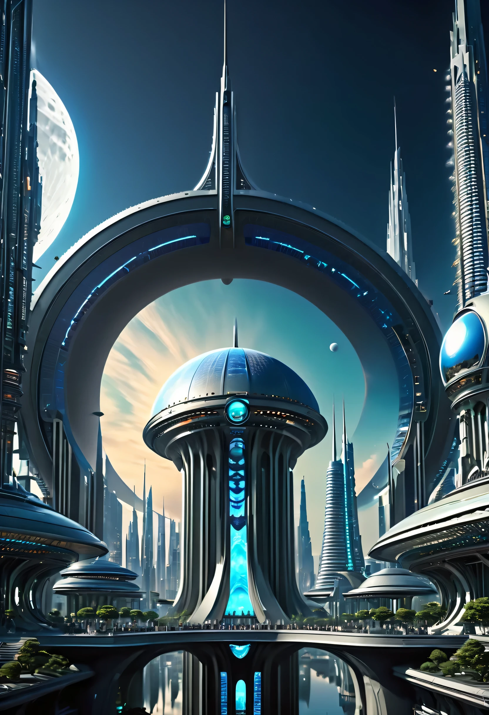 futuristic city with futuristic architecture and a moon in the sky, huge futuristic temple city, beautiful city of the future, futuristic setting, futuristic space port, futuristic valley, otherwordly futuristic city, futuristic palace, in fantasy sci - fi city, an alien city, alien futuristic city, sci fi city, city of the future, futuristic alien city, futuristic utopia