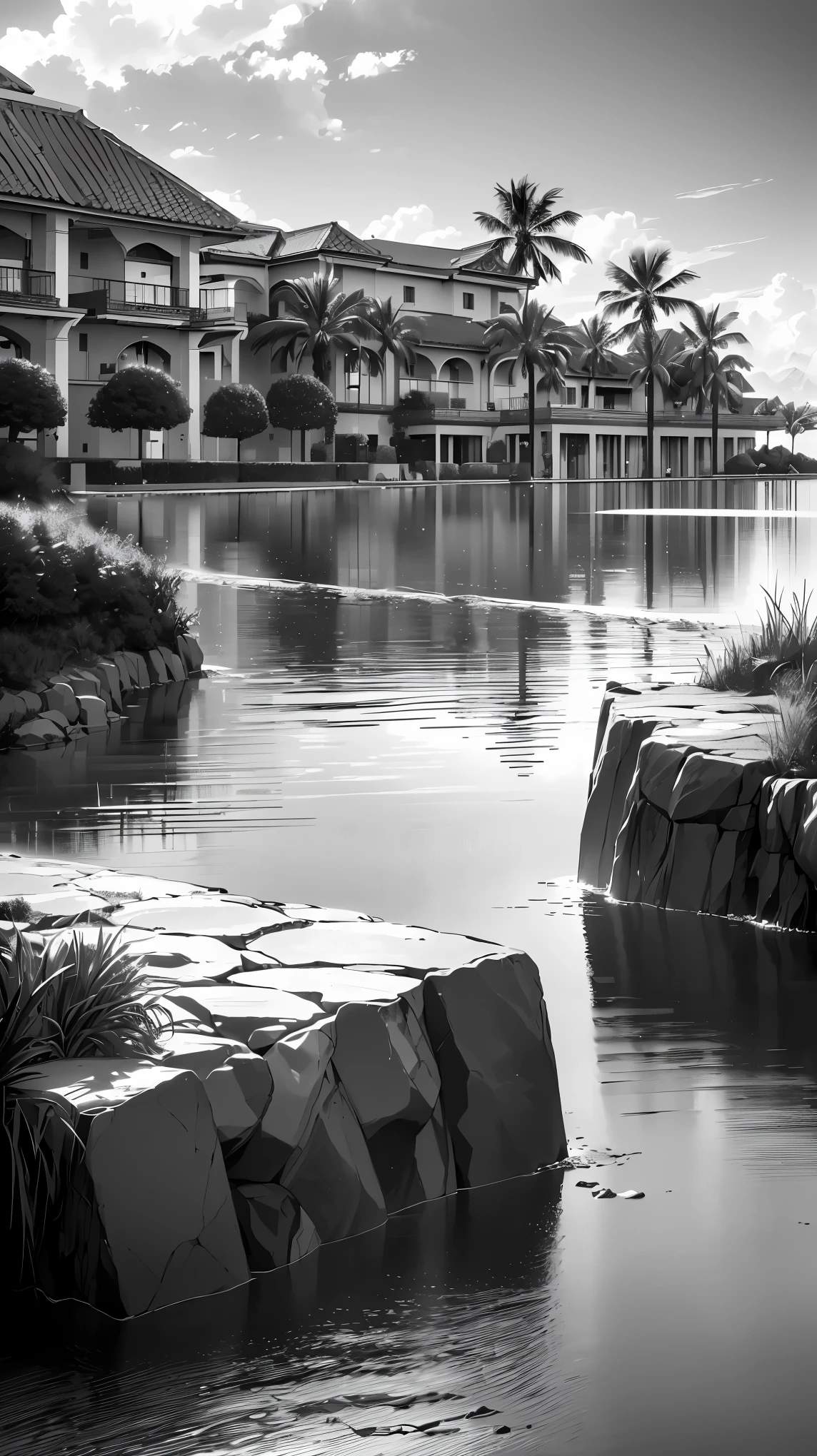 (highest quality,4K,8K,High resolution,masterpiece:1.2), super detailed, (realistic, photorealistic, photo-realistic:1.37), Luxury resort hotel scenery,minimalistic, ink, Black and white art, soft lighting, Subtle Colour.