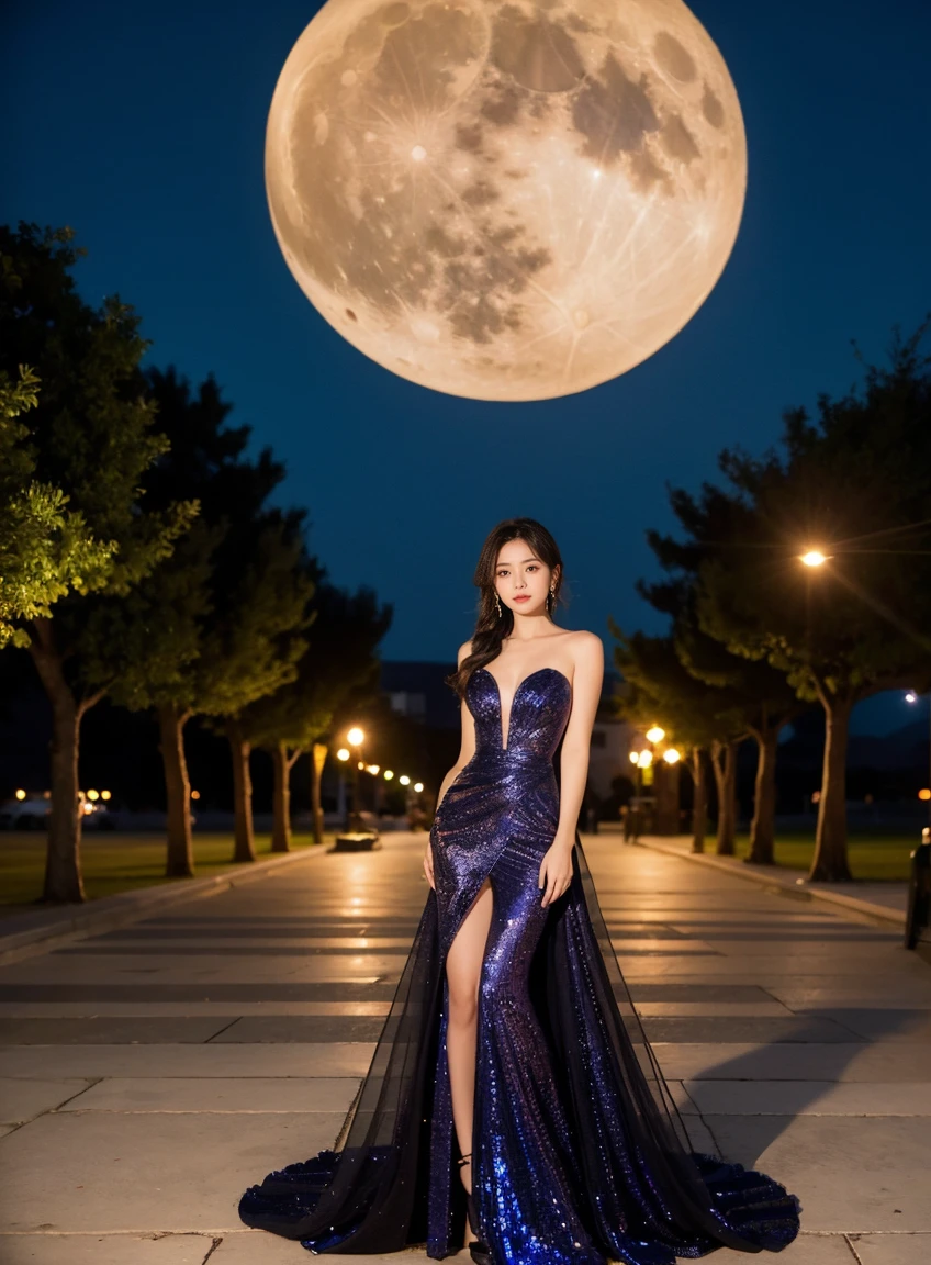 Evening dresses are in a wide area outside the place. There's a full moon.