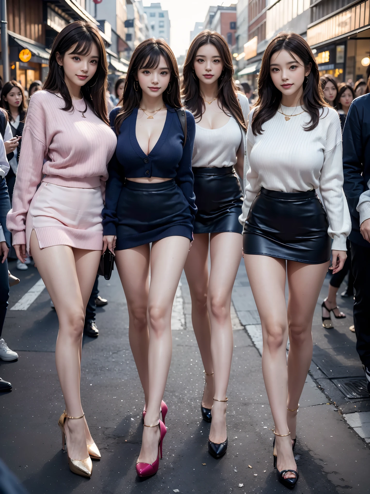 (Best Quality, Masterpiece, Photo realistic, Ultra Detailed, ultra high res, raw:1.3), (5 girls+, group shot:1.2), beautiful, Japanese, mature, 28yo, office workers, (tight knit sweater, mini-skirt), ({gold| silver| wine red| blue| navy| pink} clothes:1.3), long hair, (bangs), high-waist, necklace, (smile), (office, city landscape), (long legs, high heels, full body:1.2), (big breasts:1.3), (crowd)