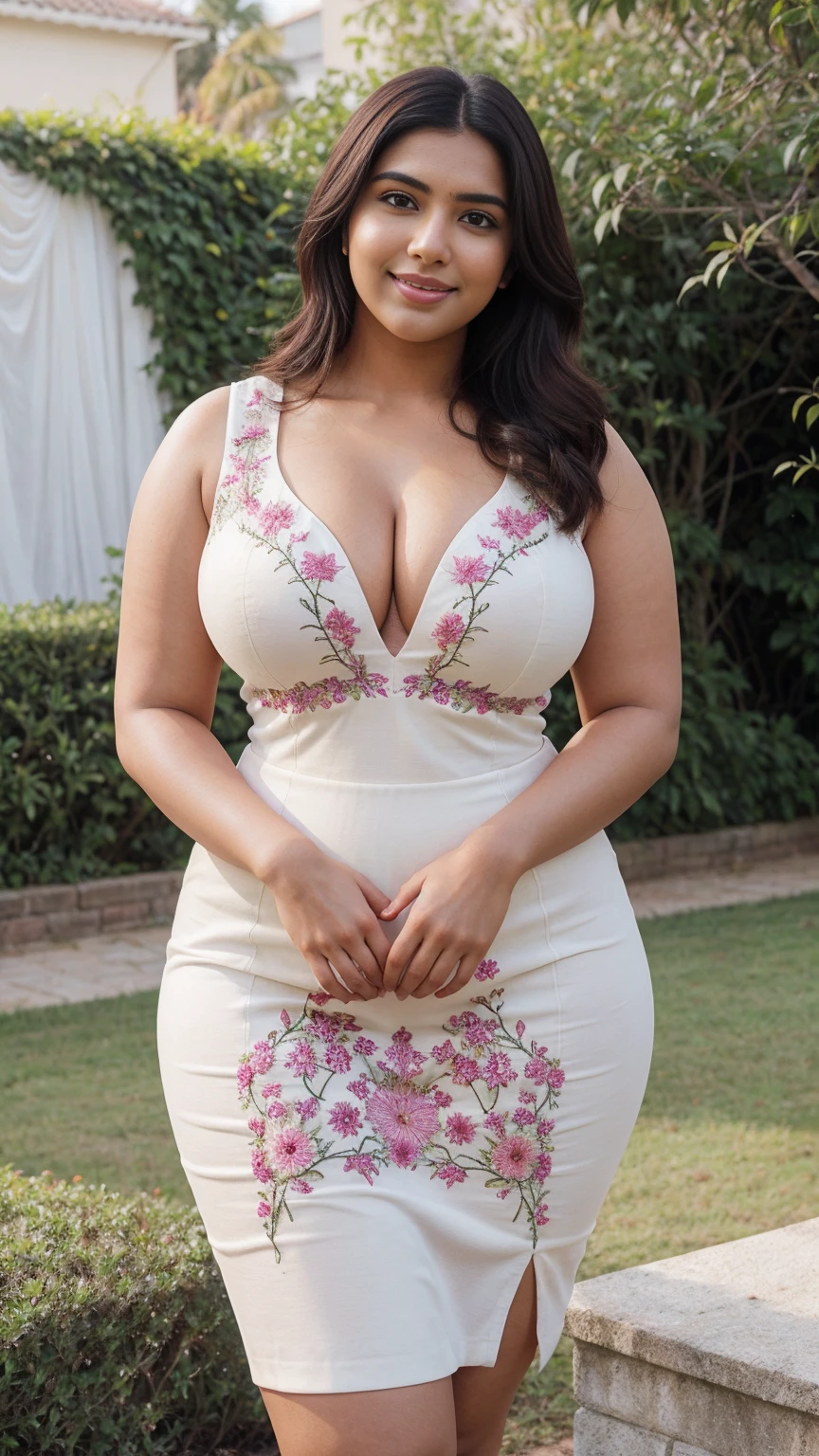 Samantha Ruth Prabhu south Indian beautiful woman sexy curvy plus size model wearing different random color skin tight Bollywood Blush Banarasi Dress, eye contact camera view, different style standing position, curvy plus size big hour glass bulky huge figure, big m-cup bulky huge breasts, different style hairstyle, bright eyes, thin eyebrows, fair skin, blushing cheeks, prefect head to thigh close up view, Eden Seraphim Gardens background and location, Dreamcatcher Delight Embroidery, ultra realistic skin texture, head to thigh close up view, smile face, shadow lighting effect