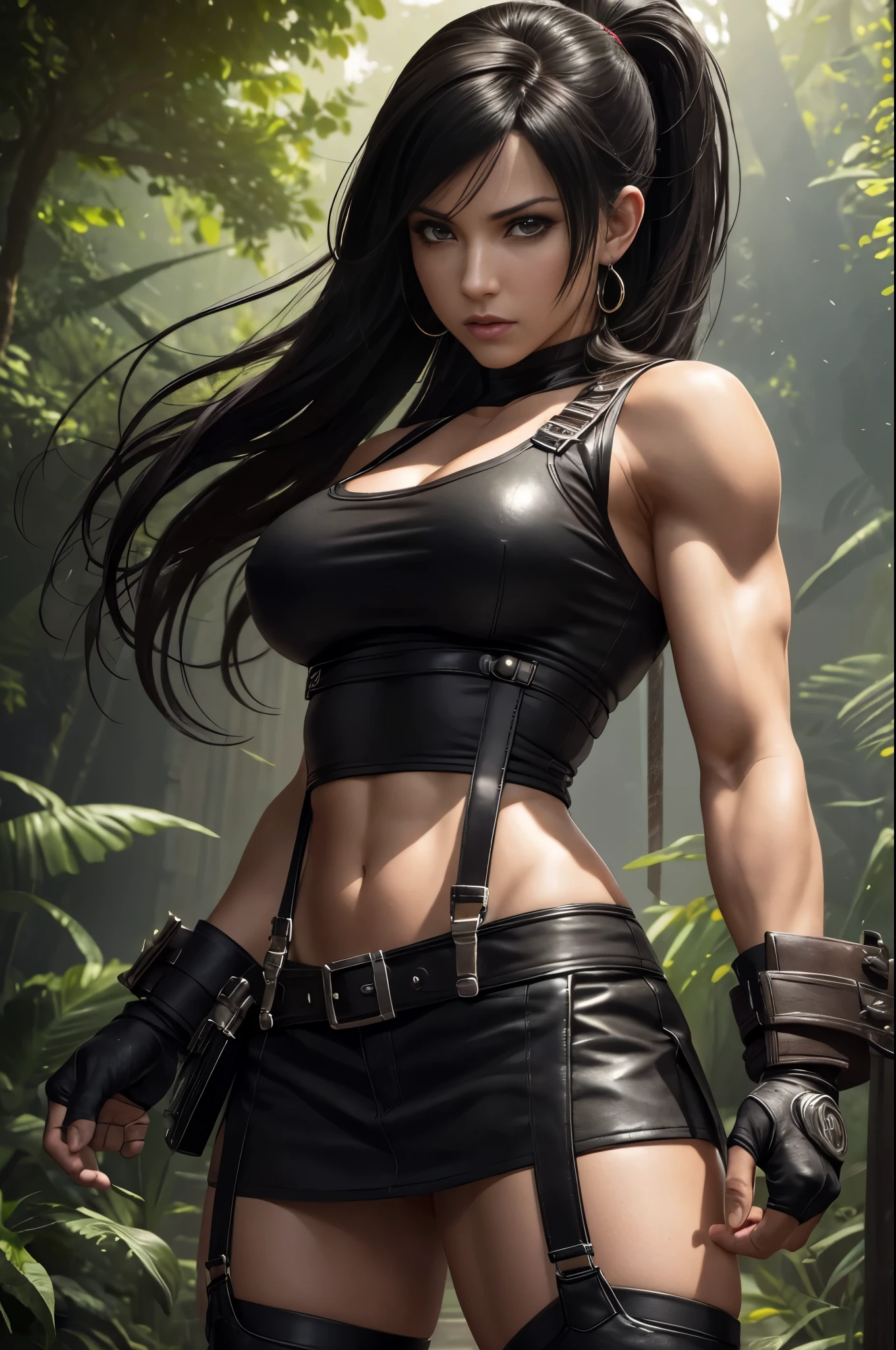 Tifa lockhart, Final fantasy (best quality,4k,8k,highres,masterpiece:1.2),ultra-detailed,(realistic,photorealistic,photo-realistic:1.37),illustration,fantasy,beautiful detailed eyes,beautiful detailed lips,extremely detailed eyes and face,long eyelashes,Tifa's stunning beauty,confident stance,flowing black hair,fierce and determined expression,captivating smile,impressive muscles and toned physique,fighting pose,unique punk-inspired attire,white tank top and leather suspenders,short black skirt and gloves,thigh-high boots with metal buckles,Tifa's signature oversized metal gauntlets,garden background with vibrant flowers and plants,sunlight filtering through the trees,soft and warm color palette,stunning lighting effects,highlighting Tifa's features,dynamic and energetic atmosphere,vivid colors and rich textures,attention to small details like Tifa's intricate jewelry and accessories,close-up shots showcasing Tifa's intense gaze and focused determination,emphasis on the amazing Level of detail in Tifa's face and clothing,realistic shadows and highlights,creating depth and dimension,combining both a realistic and artistic style,enriched with fantasy elements and magic effects,showcasing Tifa's combat skills and powerful punches,dynamic movement and action,creating a sense of excitement and adventure.