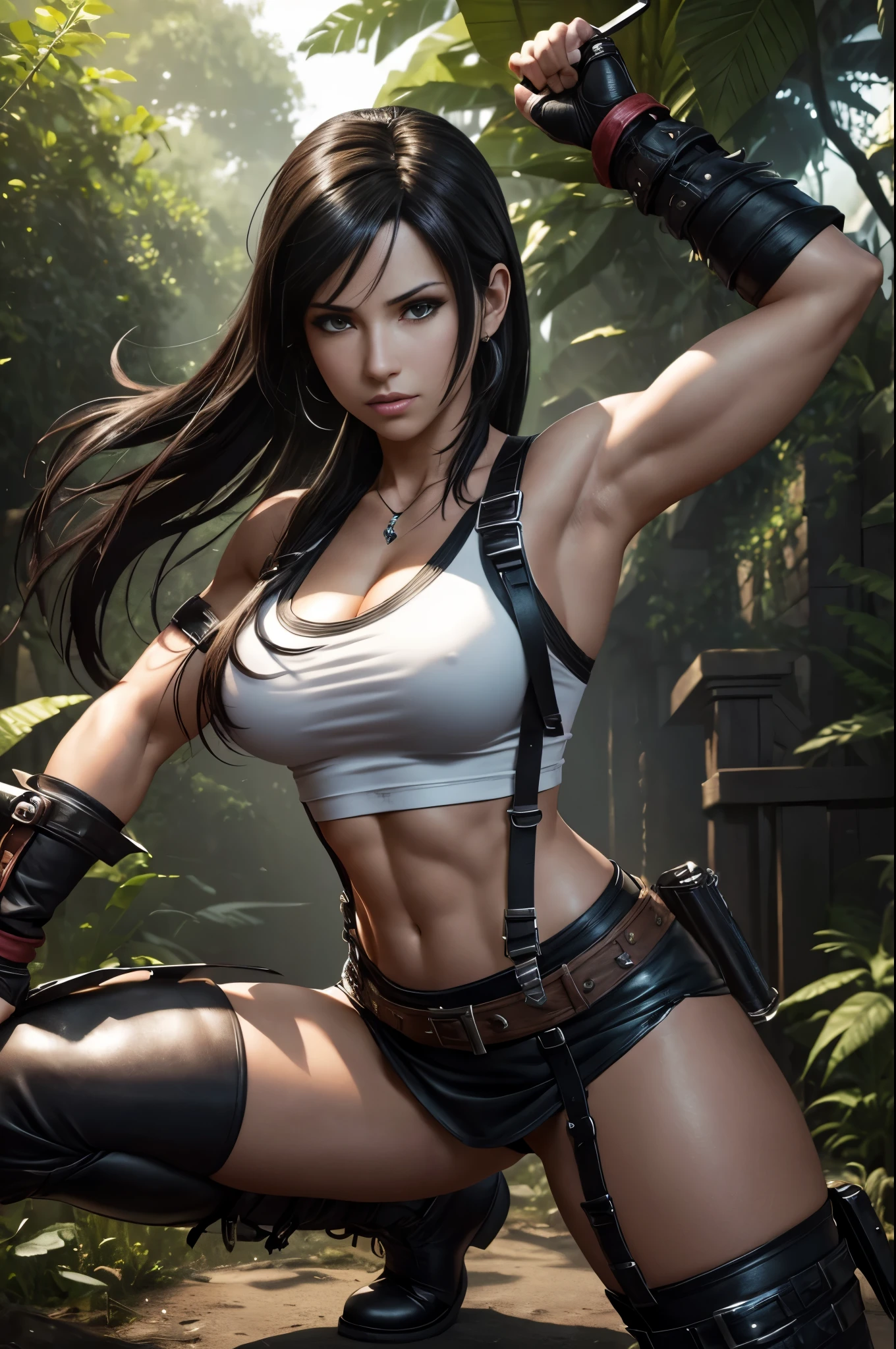 Tifa lockhart, Final fantasy (best quality,4k,8k,highres,masterpiece:1.2),ultra-detailed,(realistic,photorealistic,photo-realistic:1.37),illustration,fantasy,beautiful detailed eyes,beautiful detailed lips,extremely detailed eyes and face,long eyelashes,Tifa's stunning beauty,confident stance,flowing black hair,fierce and determined expression,captivating smile,impressive muscles and toned physique,fighting pose,unique punk-inspired attire,white tank top and leather suspenders,short black skirt and gloves,thigh-high boots with metal buckles,Tifa's signature oversized metal gauntlets,garden background with vibrant flowers and plants,sunlight filtering through the trees,soft and warm color palette,stunning lighting effects,highlighting Tifa's features,dynamic and energetic atmosphere,vivid colors and rich textures,attention to small details like Tifa's intricate jewelry and accessories,close-up shots showcasing Tifa's intense gaze and focused determination,emphasis on the amazing Level of detail in Tifa's face and clothing,realistic shadows and highlights,creating depth and dimension,combining both a realistic and artistic style,enriched with fantasy elements and magic effects,showcasing Tifa's combat skills and powerful punches,dynamic movement and action,creating a sense of excitement and adventure.