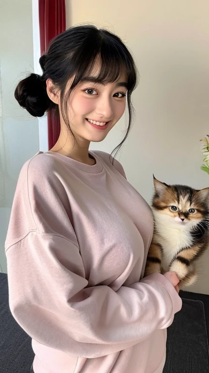 A face like Suzu Hirose、Holding a kitten、wearing oversized sweatshirts、hair tied up、big breast bulge、smiling、