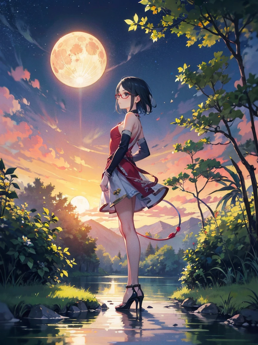 Sarada Uchiha with short hair,black eyes,wearing prescription glasses,1girl,She is wearing a Nude Skirt and Snake Print Blouse set,high heels and fine gold jewelry,Amazônia,illustration,dreamlike colors,soft lighting,fantasy landscape,mosaic fauna and flora,ethereal atmosphere,full moon,calm river,water reflections,lush greenery,vibrant flowers,sunset glow,exquisite details,legends and mysteries,