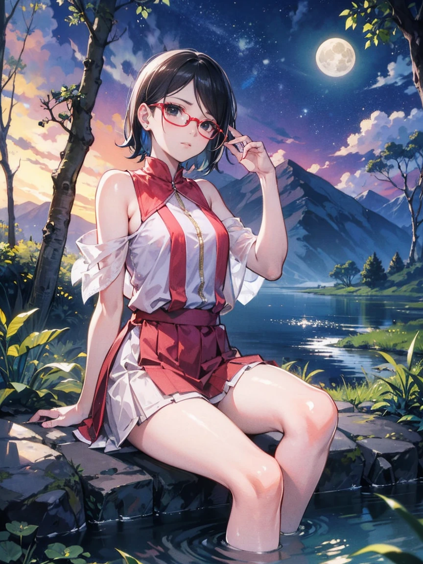 Sarada Uchiha with short hair,black eyes,wearing prescription glasses,1girl,She is wearing a Nude Skirt and Snake Print Blouse set,high heels and fine gold jewelry,Amazônia,illustration,dreamlike colors,soft lighting,fantasy landscape,mosaic fauna and flora,ethereal atmosphere,full moon,calm river,water reflections,lush greenery,vibrant flowers,sunset glow,exquisite details,legends and mysteries,