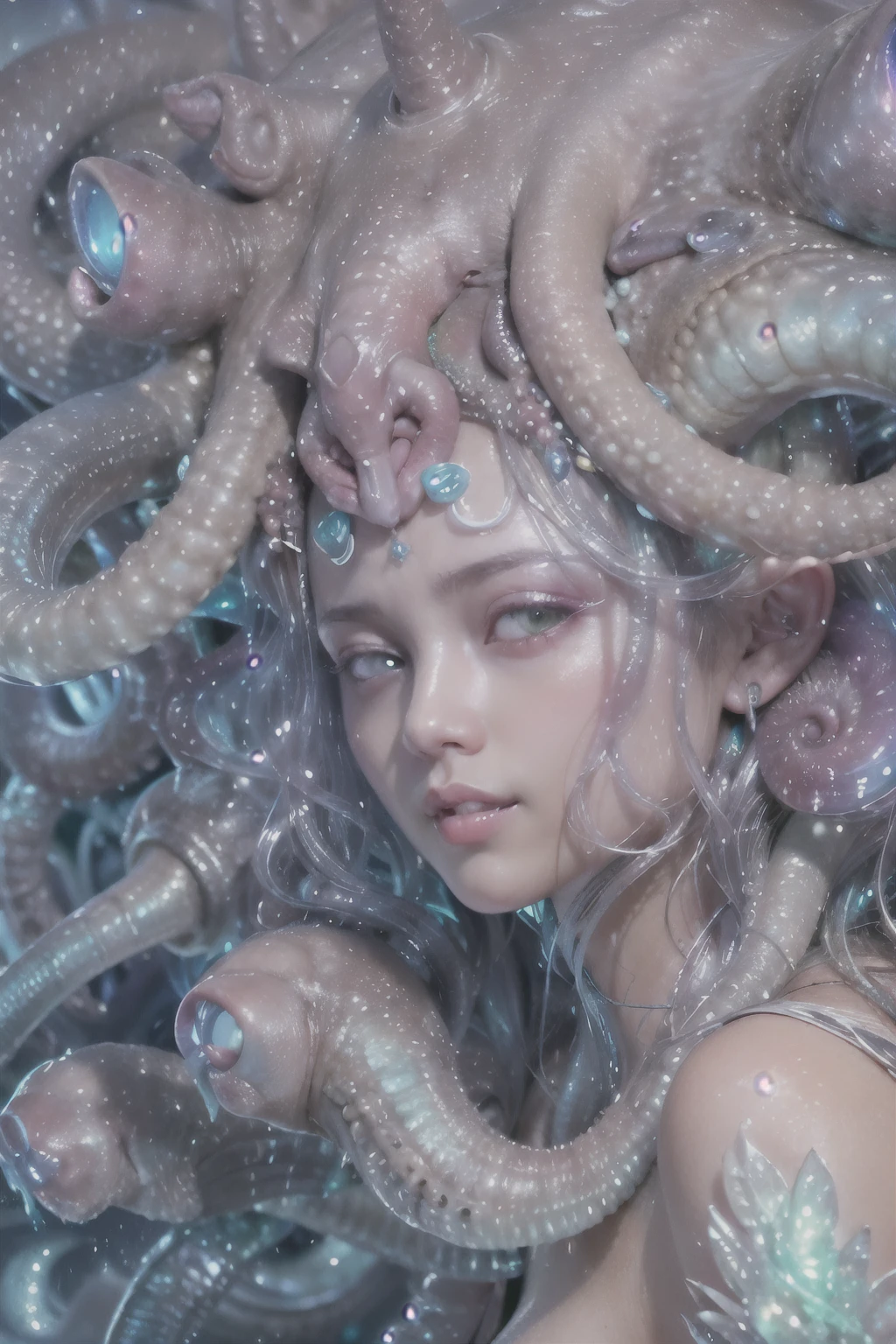 (A portrait of one beautiful and obscene female alien who is a young ager:1.4), ((There is a female genital-like organ in the middle of her forehead:1.8)), (realistic face:1.2), (Numerous award-winning masterpieces, with incredible detail, textures and maximum detail), artistic photography, midnight aura, unreal engine 5, Ultra Sharp Focus, art by Amano Yoshitaka, ArtGerm, Roisch, intricate artwork, ultra realistic realism, high resolution, High freshness, drawing faithfully, official art, Unity 8K Wall paper, ultra detailed artistic photography, dream-like, Creation of fantasy, dream Snail, (biopunk nautilus:1.3),Thrilling color schemes, seductively smiling, Amazing mutation, well-proportioned body, goddess of the deep sea, fractal, Geometric pattern, impossible figures, (translucent white tentacles with luminescent organs:1.4), subtle emerald green accents, (smiling seductively:1.3),(She has the most beautiful face in the history of the universe:1.5), Penelope Cruz, (she is looking down at viewers with glowing iridescent eyes with no pupils:1.3), an evil gaze that seduces, cinematic lighting, (Vampire-like long canine teeth can be glimpsed through the gap between the cute lips:1.3), in the hall of the palace, Sweet breath is exhaling from beautiful lips, ecstatic expression, (Climax expression during intercourse:1.5)