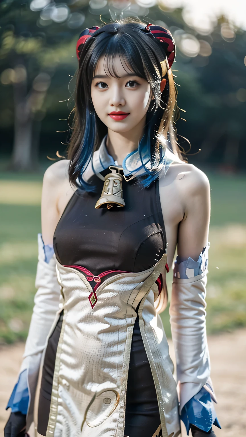 best quality, natural lighting, masterpiece, 1 girl, perfect beautiful face, (photo photo:1.3), edge lighting, photography lighting, (high detail skin:1.2), 8k ultra hd, DSLR, high quality, high resolution, white skin, detailed textured skin, 3/4 body in frame, sexy posing, cute smile face, perfect propotion face, symetric face, eye level shot, 4k, 8k, bokeh, absurd, best ratio four fingers and one thumb, (realistic:1.3), beautiful detailed girl, cute 1girl, blue hair, long hair, bangs, volume hairs, collosal-breast, full looking breast, projecting breast, slim waist, slender, small thighs, perfectly proportion, outdoor background, detailed background, hands behind back, ganyu cosplay costume, cosplay, blue hair, long hair, horns, bangs, ahoge, sidelocks, tight, black bodysuit, body stocking, detached sleeves, gloves, neck bell, chinese knot, tassel, body pose, night view, night lighting