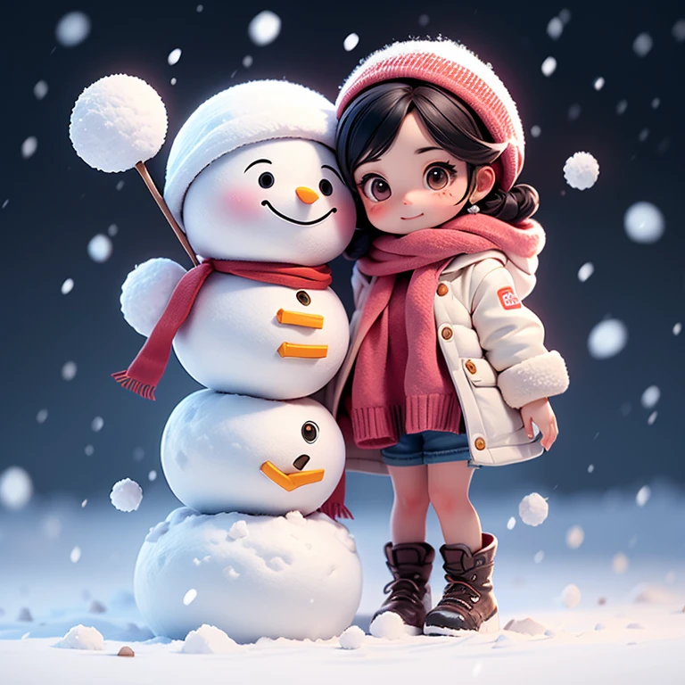 A black-haired girl is making a big snowman, red muffler, white coat, winter, snow