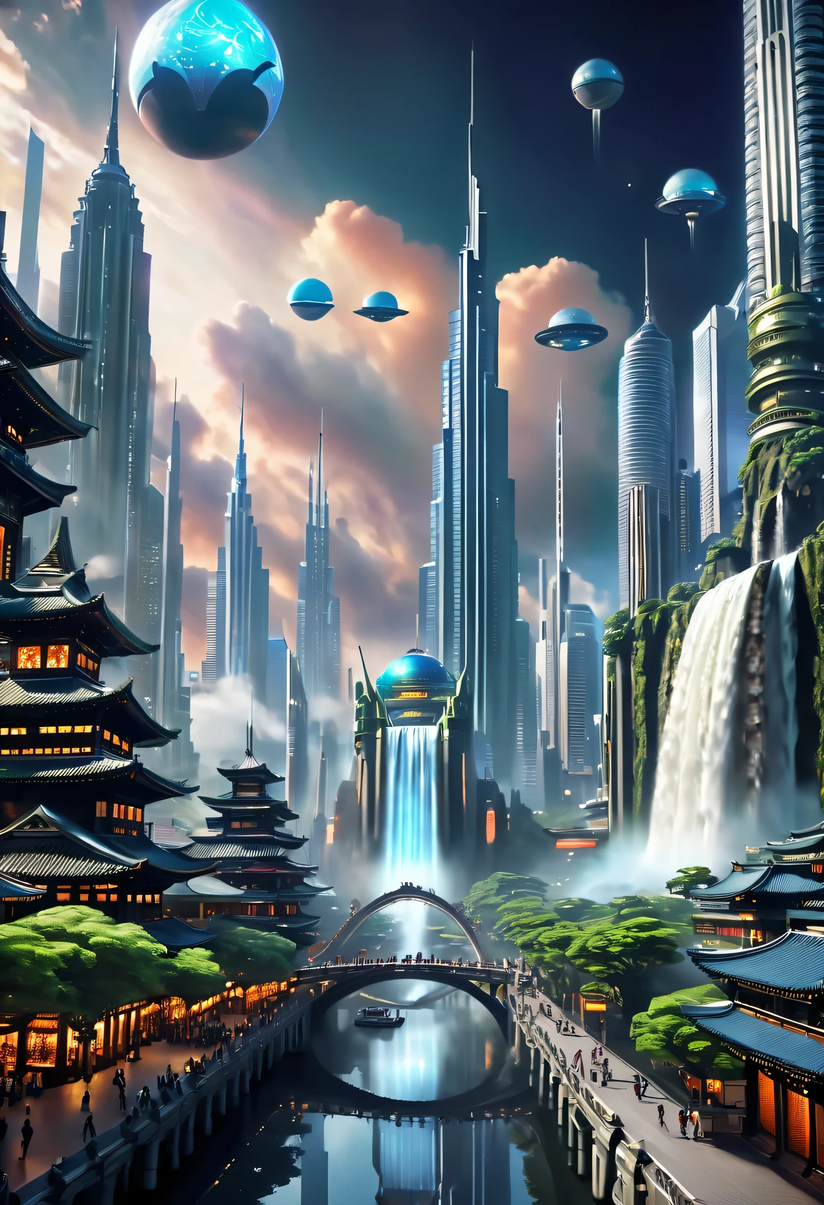 Space City、futuristic cities、floating in the universe、ＳＦart by，cyberpunked、The streets are lined with skyscrapers、A space station、Skyscrapers tall through the clouds，top-quality、​masterpiece、dream、utopian、planet earth、World of Dreams、Fantasia、𝓡𝓸𝓶𝓪𝓷𝓽𝓲𝓬、Beautiful city、Space City、A world far beyond human creation，There is a huge waterfall，