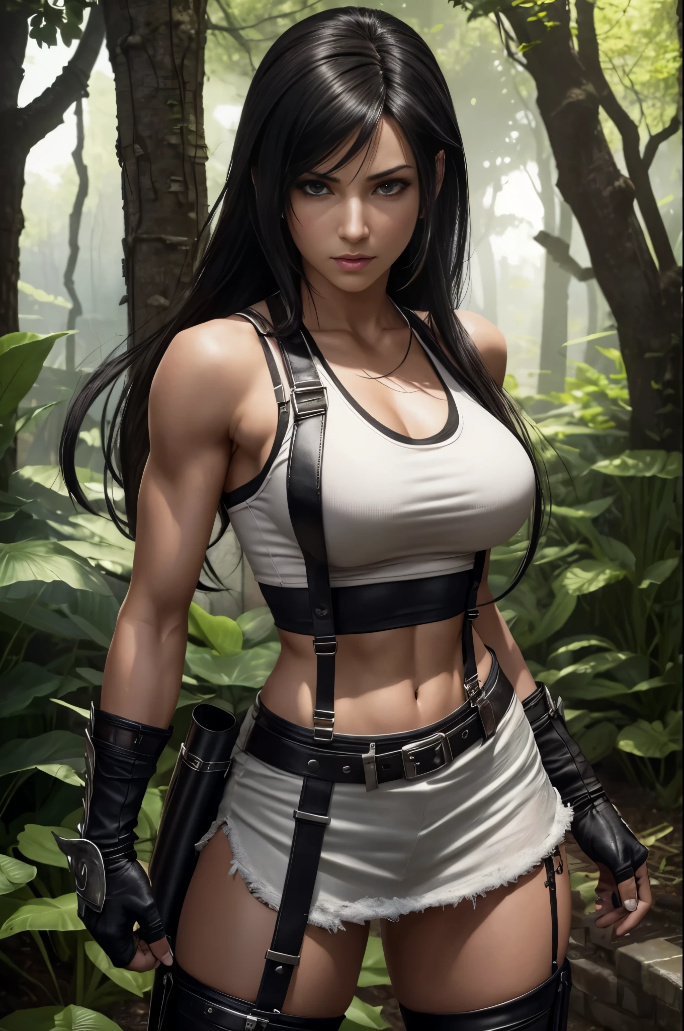 Tifa lockhart, Final fantasy (best quality,4k,8k,highres,masterpiece:1.2),ultra-detailed,(realistic,photorealistic,photo-realistic:1.37),illustration,fantasy,beautiful detailed eyes,beautiful detailed lips,extremely detailed eyes and face,long eyelashes,Tifa's stunning beauty,confident stance,flowing black hair,fierce and determined expression,captivating smile,impressive muscles and toned physique,fighting pose,unique punk-inspired attire,white tank top and leather suspenders,long black trousers and gloves,thigh-high boots with metal buckles,Tifa's signature oversized metal gauntlets,garden background with vibrant flowers and plants,sunlight filtering through the trees,soft and warm color palette,stunning lighting effects,highlighting Tifa's features,dynamic and energetic atmosphere,vivid colors and rich textures,attention to small details like Tifa's intricate jewelry and accessories,close-up shots showcasing Tifa's intense gaze and focused determination,emphasis on the amazing Level of detail in Tifa's face and clothing,realistic shadows and highlights,creating depth and dimension,combining both a realistic and artistic style,enriched with fantasy elements and magic effects,showcasing Tifa's combat skills and powerful punches,dynamic movement and action,creating a sense of excitement and adventure.