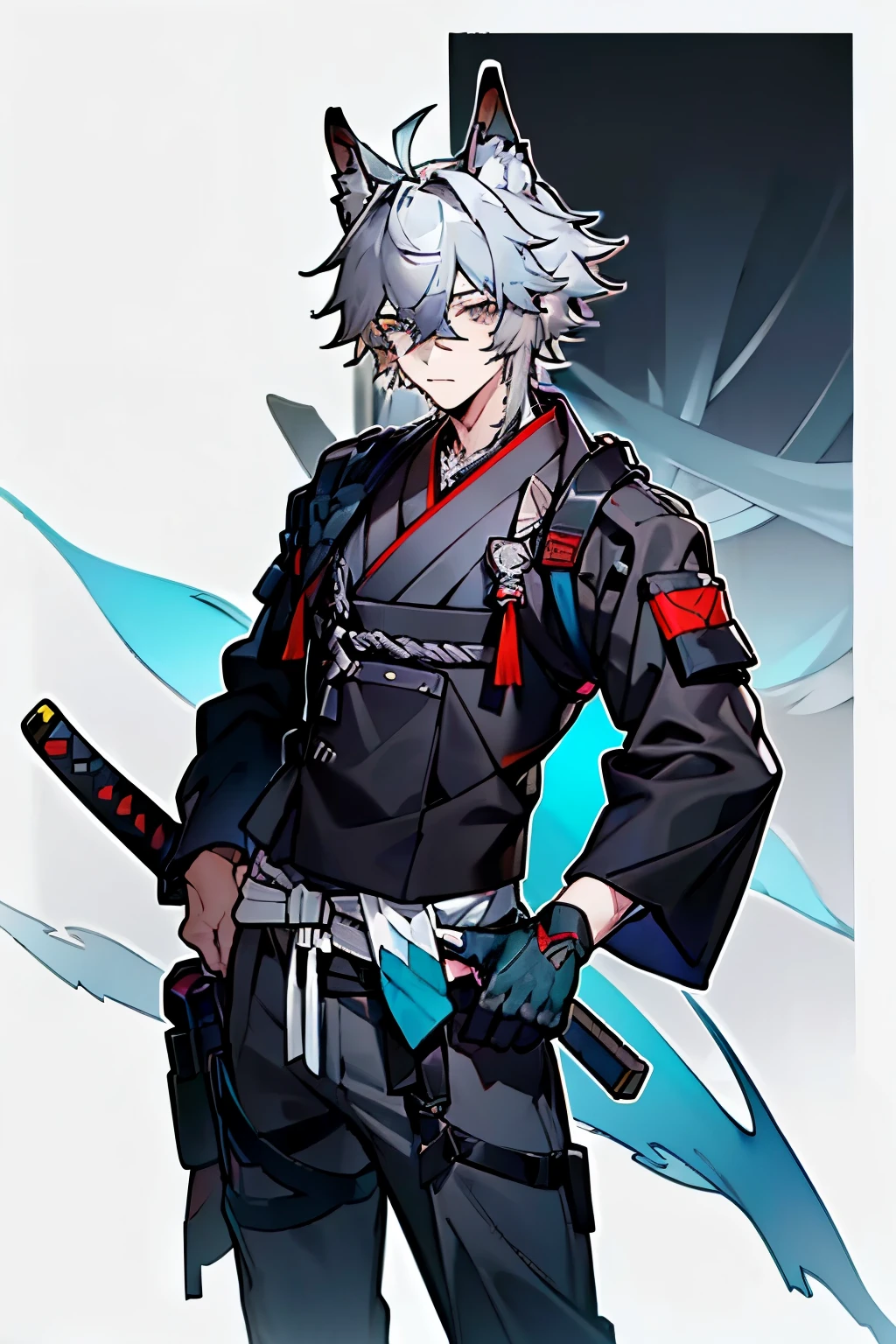 (masterpiece), best quality, expressive eyes, perfect face, (male, masculine, boy, guy, man), (arknights design, arknights operator), (fox ears, wolf ears, fox tail, foxears, foxtail), (white hair, short hair, bangs, hair between the eyes, ahoge, cyan hair trim, cyan hair highlight), (pale skin, slightly fair skin), (silver eyes, grey eyes, gray eyes), (ronin clothes, rogue, ninja, samurai, ronin, techsuit samurai clothes, katana, kimono), lean body, (solo, 1boy, 1guy, 1man), fit, fox guy, fox boy, pendant, family pendant, snowy backgroud