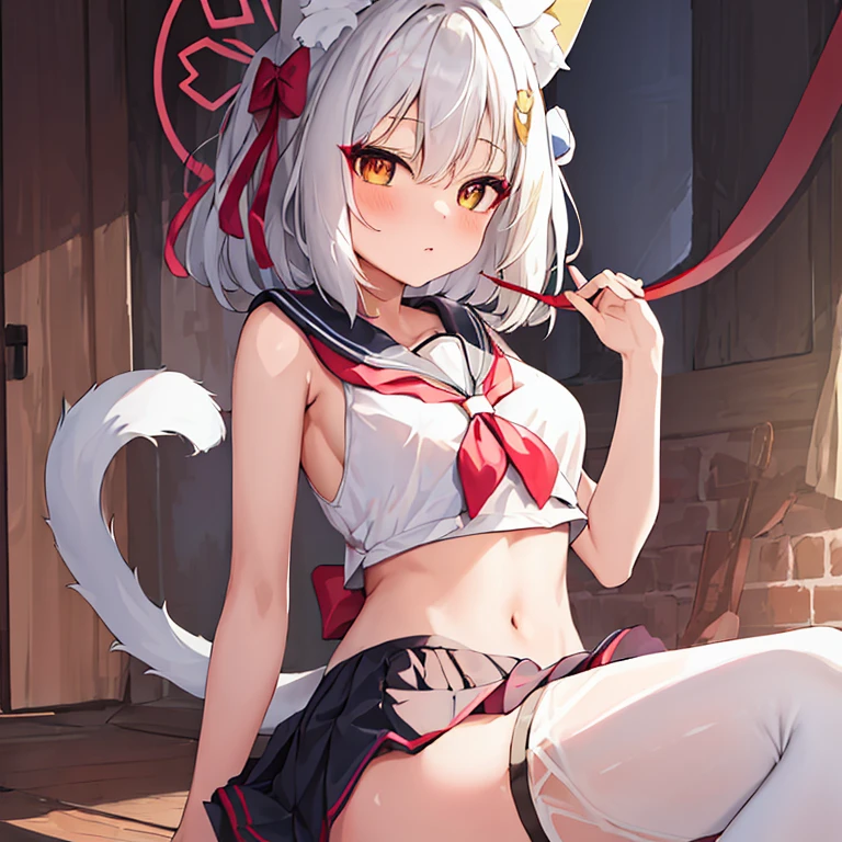 (masterpiece, best quality:1.2),illustration,8k,HD,1 girl,alone,animal_ears,Cat_ears,bow,long_hair,hair_bow,white_hair,Bangs,Moderate_breast,Black_bow,ribbon,direction,Double tail,animal_ear_fluff,Red_Eye,hair bow,navel,white thighhighs,sleeveless tops,sailor collar,mini skirt,arm ribbon,