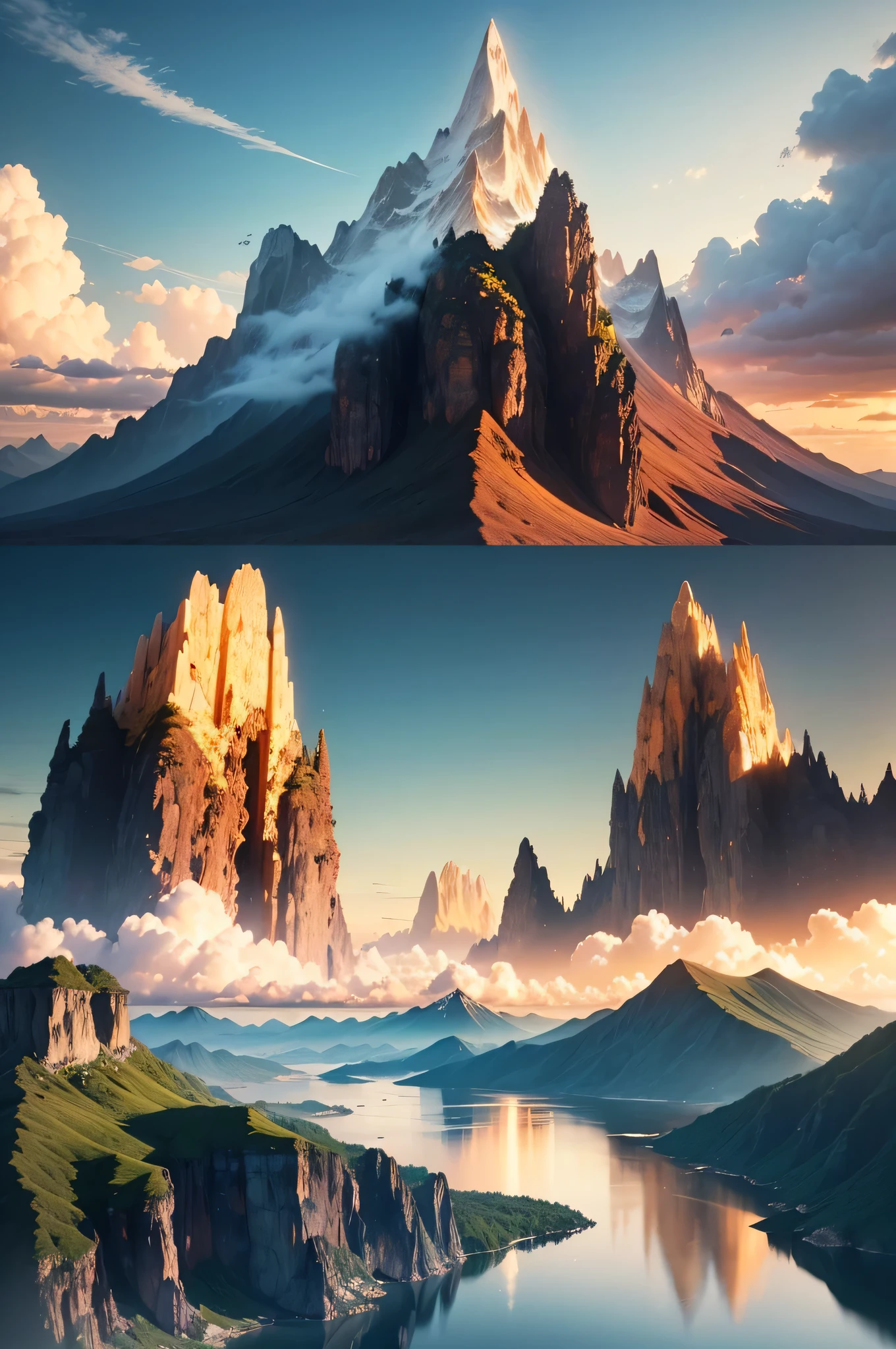 (best quality,4k,8k,highres,masterpiece:1.2),indonesia tropical mountain vector with cloud sunset,illustration,vibrant colors,soft lighting,highly detailed trees and plants,tropical paradise,serene atmosphere,stunning landscape,volcanic mountain range,gentle gradient sky,beautiful blend of warm and cool tones,overwhelming sense of tranquility,subtle reflections on water,rich biodiversity,impressive cloud formations,majestic peaks,recreating the beauty of nature,immersive experience,having a sense of awe and wonder,hiking through lush green trails,harmony between mountains and sky,inviting and peaceful ambiance,surrounded by nature's marvels,warm golden light casting a romantic glow,creating a soul-touching scene