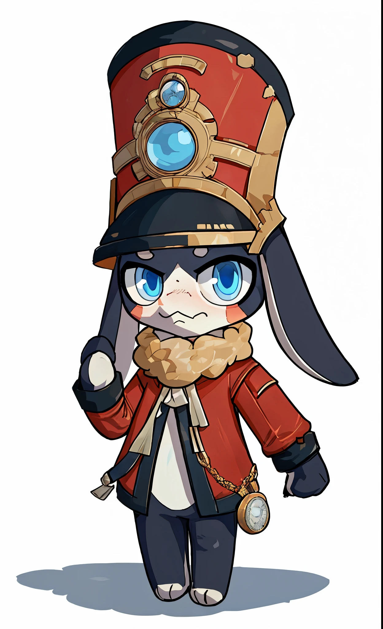 solo,digital fan art, blue eyes,white backgrounds,looking at viewer,nj5furry,furry,anthro,solo,masterpiece,high detail,best shadow,detailed fanart,character illustration, very very beautiful furry art,cute style,chibi,(pom pom character:1.2),hat,furry,pocket watch,( look at with disgust:1.3)