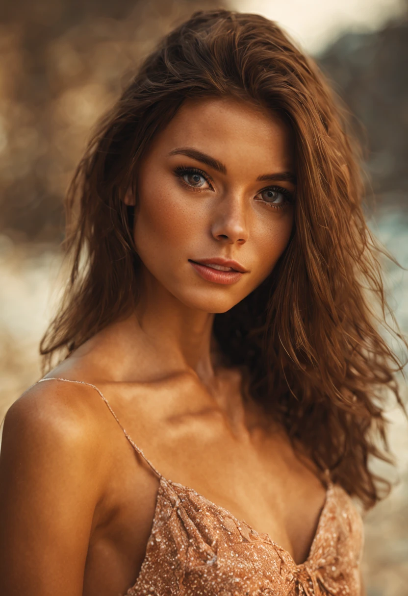 Photo, (sharp focus:1.2), attractive young woman, (beautiful face:1.1), detailed eyes, (smile:0.7), (body freckles:0.9), (medium breasts:0.8), (toned body:1.2), shiny (brown hair:1.1), wearing (sundress:1.2). depth of field. 4K, HDR. by (James C. Christensen:1.2|Jeremy Lipking:1.1).